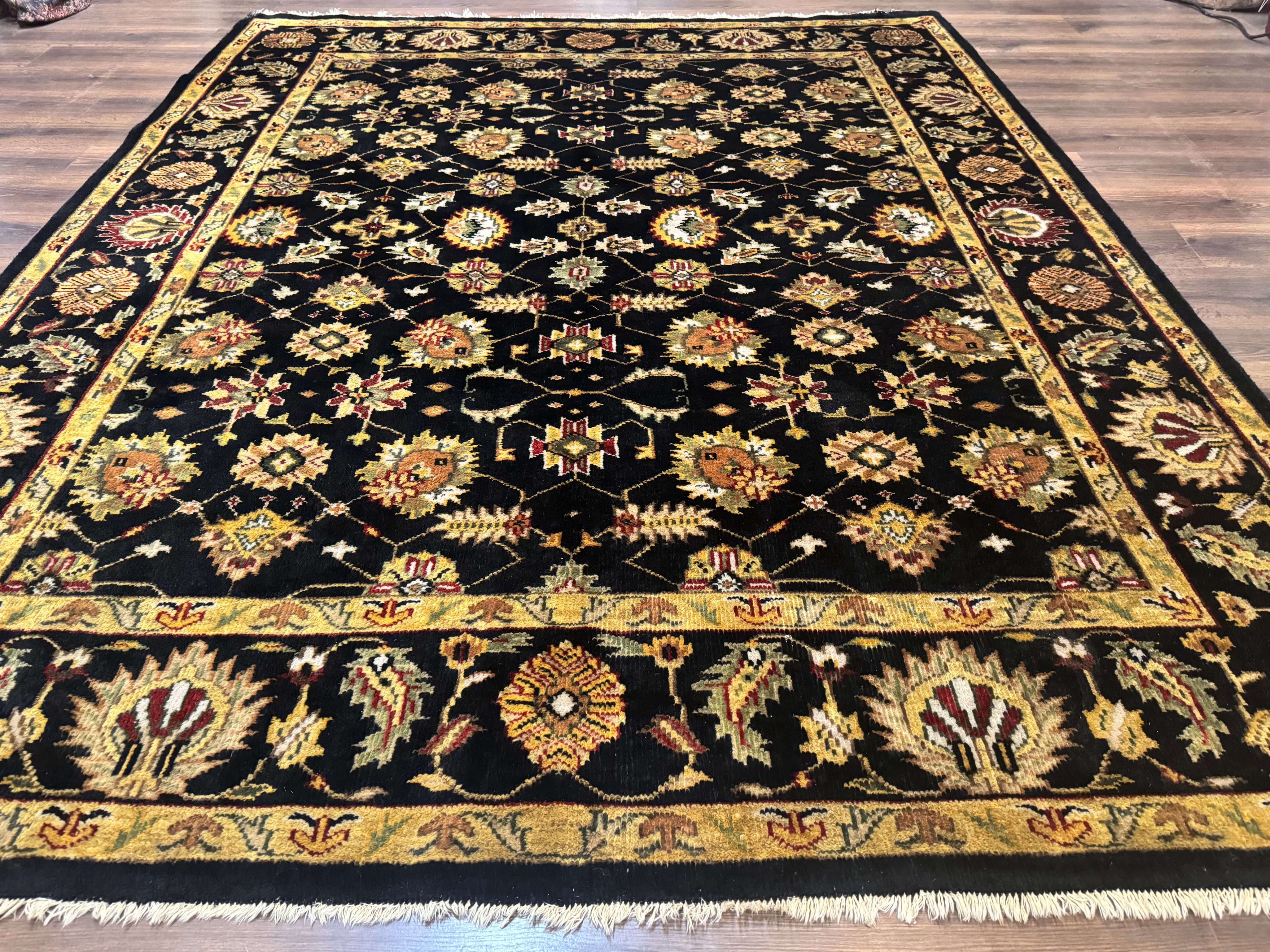 Indo Persian Mahal Rug 8x10, Black and Gold, Wool Hand Knotted Oriental Carpet