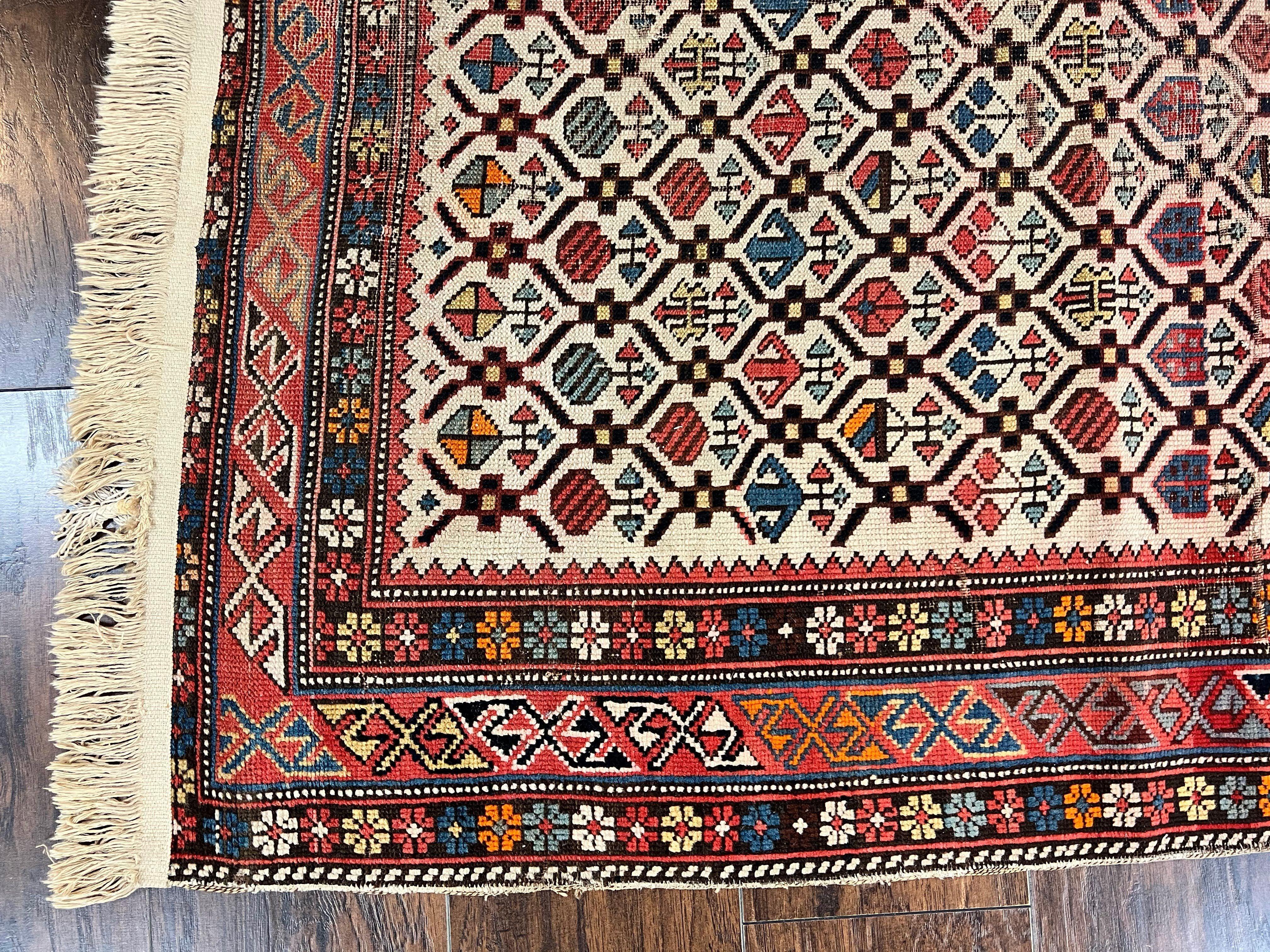 Antique Caucasian Rug 4x5, Hand Knotted Handmade Shirvan Oriental Carpet, Ivory Red Rug Allover Pattern, Rare Wool Rug, Tribal Geometric Rug