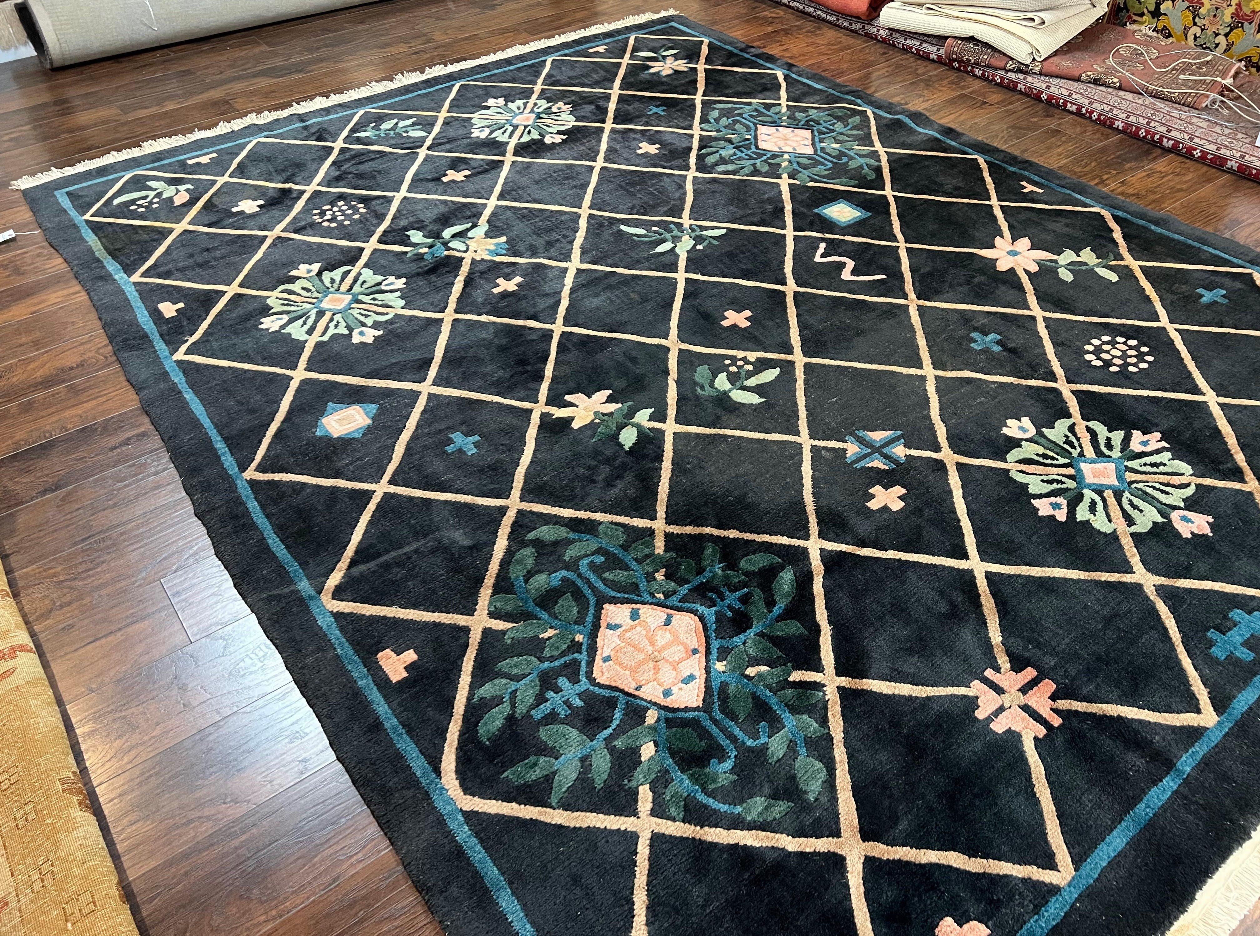 Tibetan Rug 9x12, Hand Knotted Tibet Nepali Contemporary Carpet 9 x 12 ft, Black and Tan, Handmade Area Rug Room Sized, Nepalese Rug