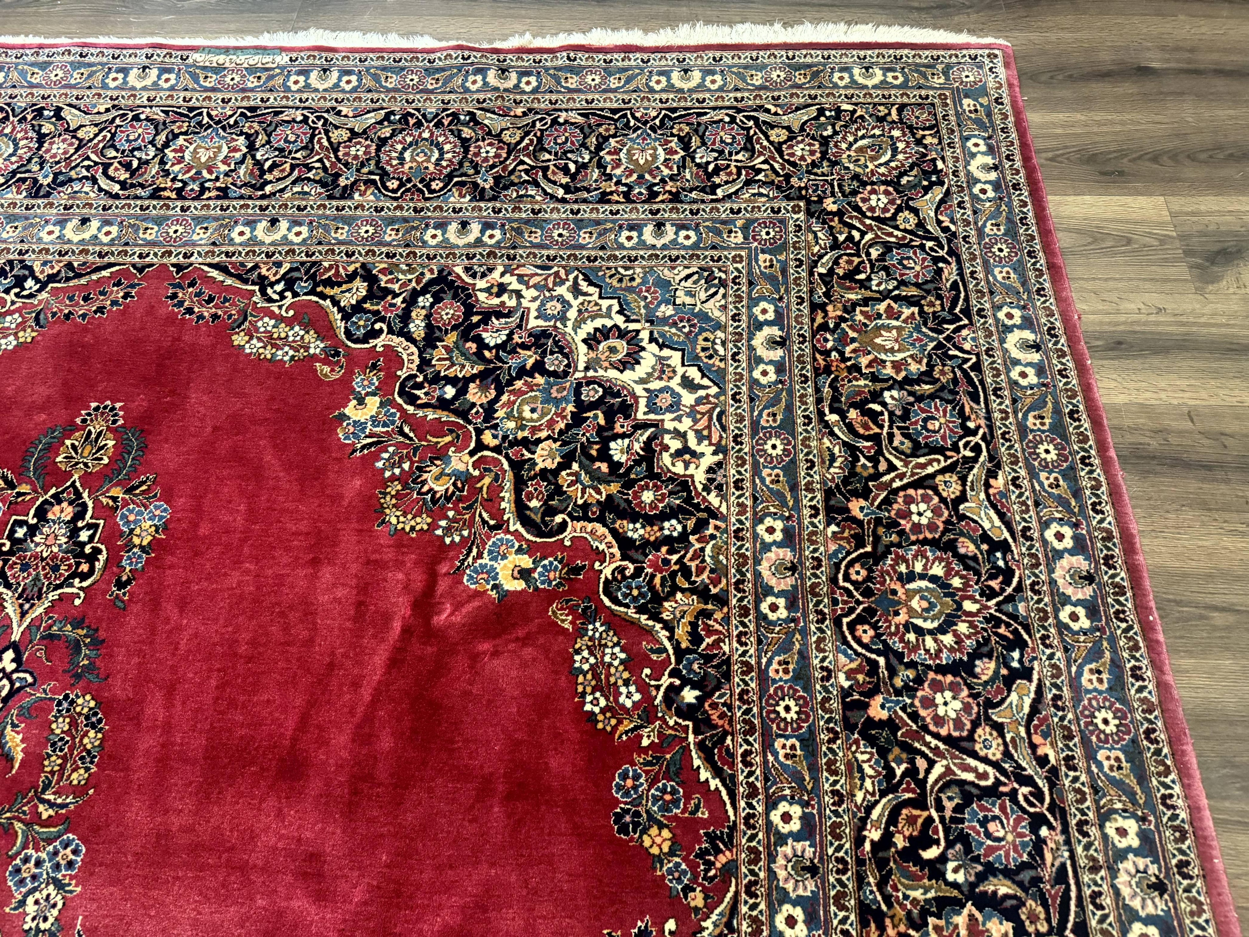 Persian Kashan Rug 9x12, Traditional, Semi Open Field, Red, Signed By Master Weaver, Antique Rug