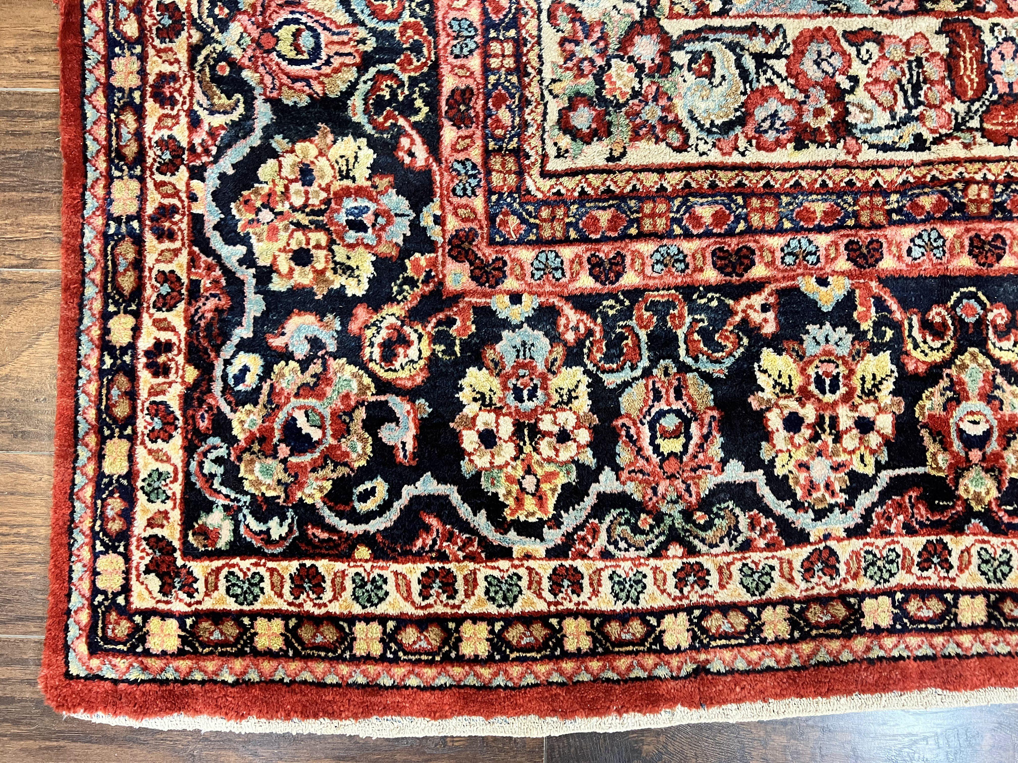 Persian Sarouk Rug 11x14, Semi Open Field, Large Antique Persian Wool Handmade Carpet, Red and Dark Blue, Floral