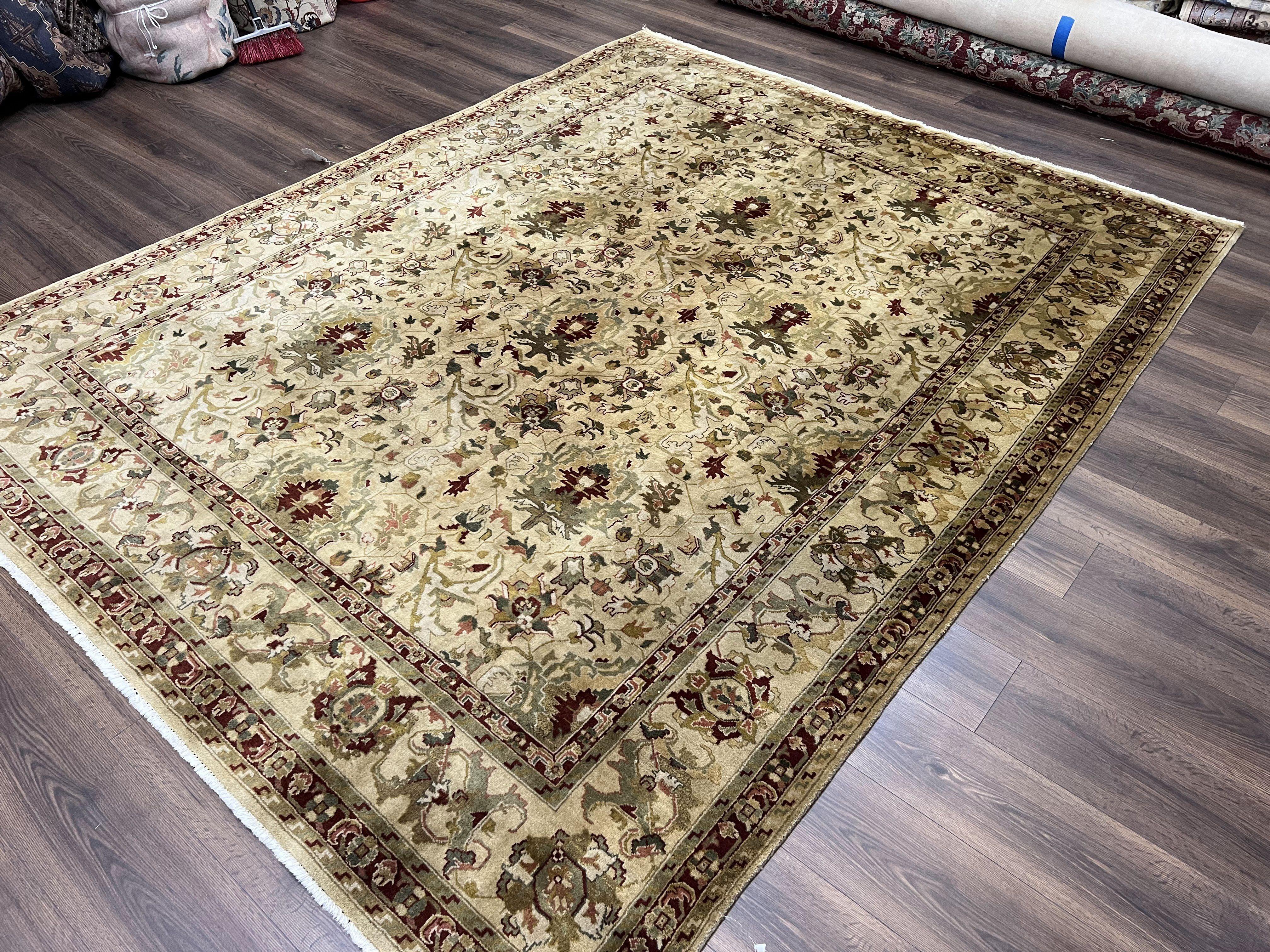 Indian Mahal Rug 8x10, Allover Floral Mahal Oriental Carpet 8 x 10, Handmade Hand Knotted Wool Rug, Indo Persian Area Rug, Tea-Washed Tan