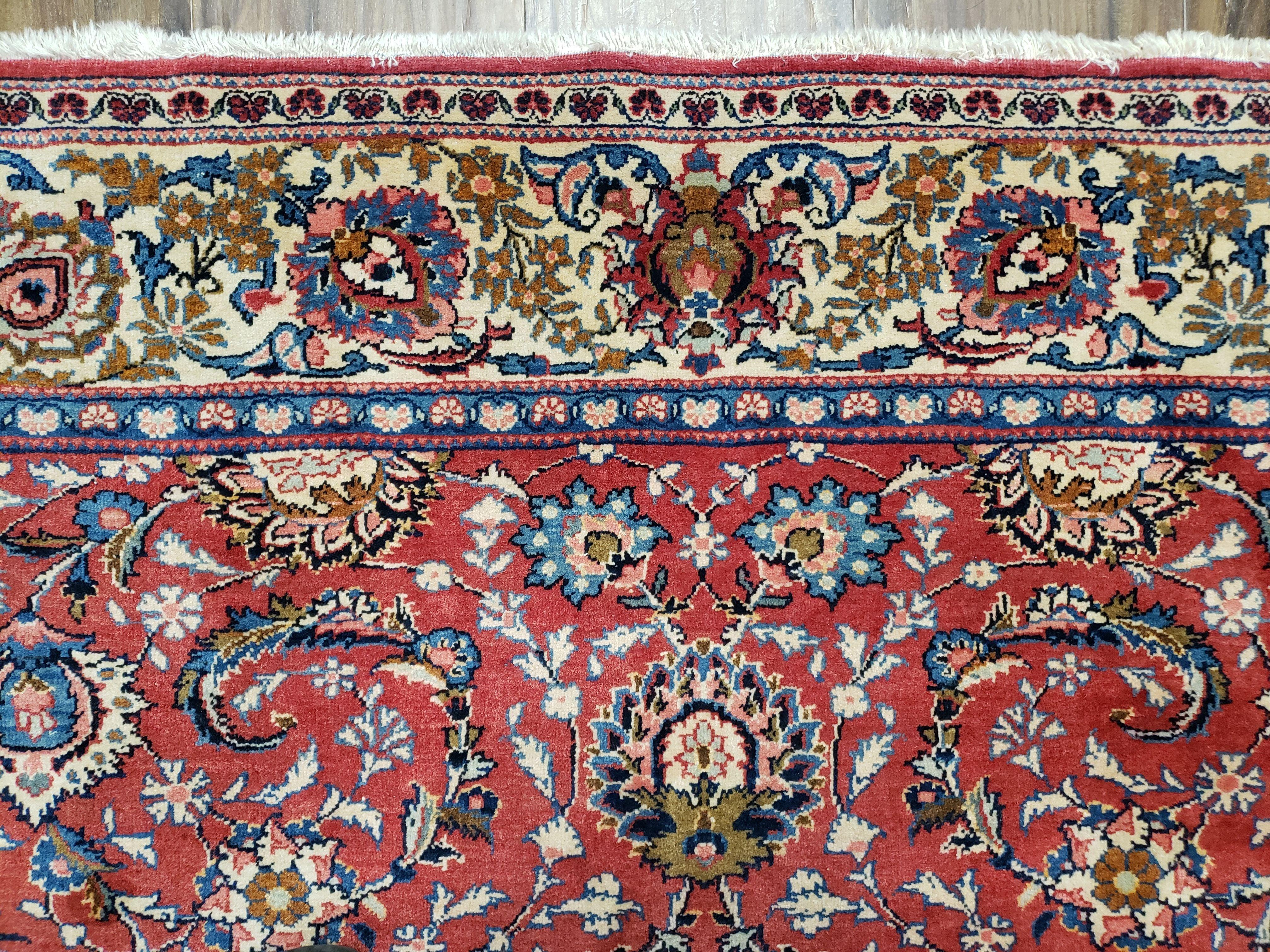 Semi Antique Persian Kashan, Red & Cream, Hand-Knotted, Wool, 4' 8" x 6' 6", Pair A