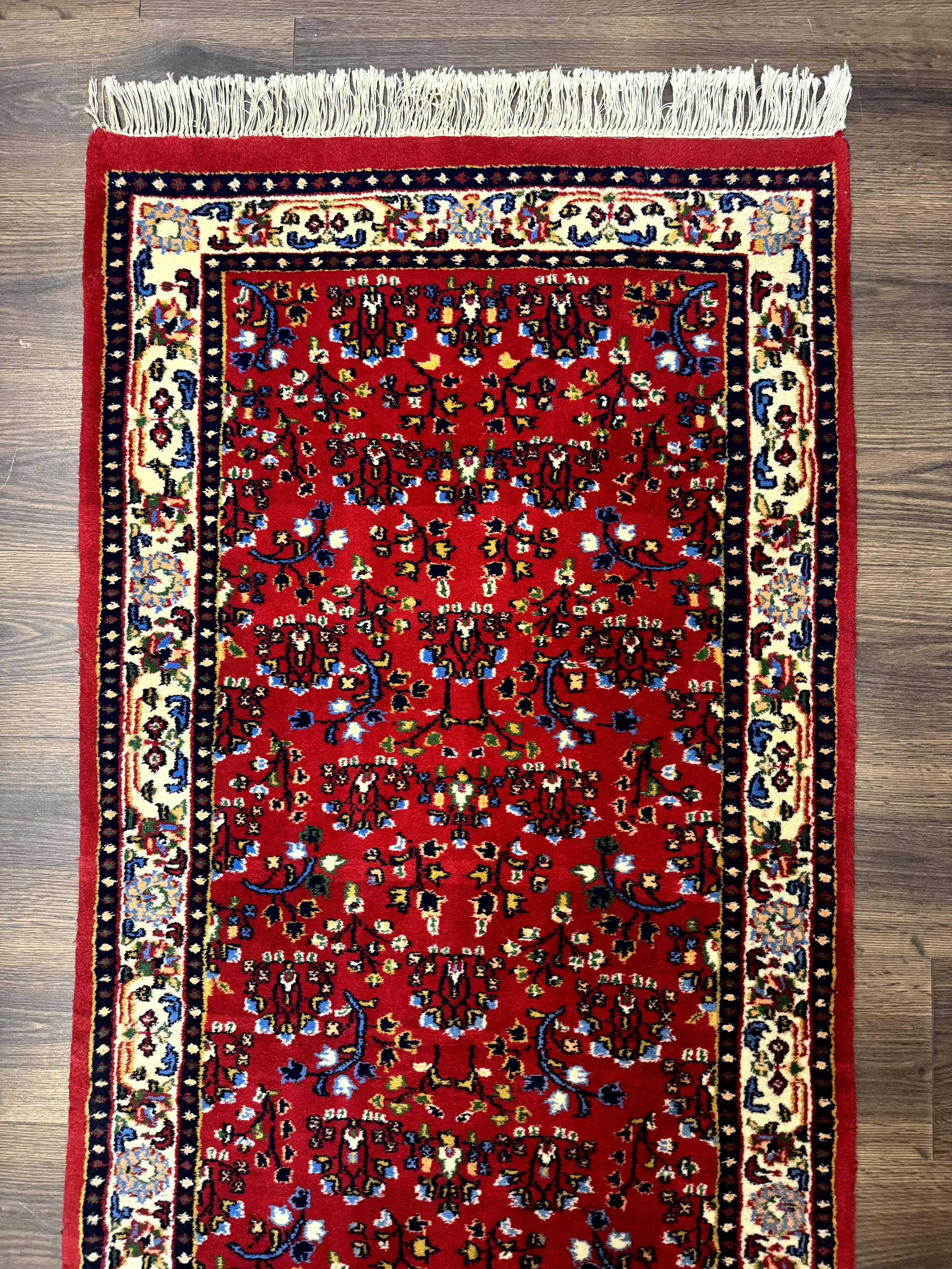 Indo Persian Sarouk Runner Rug 3 x 12, Red and Cream, Allover Pattern, 12ft Runner, Hand Knotted