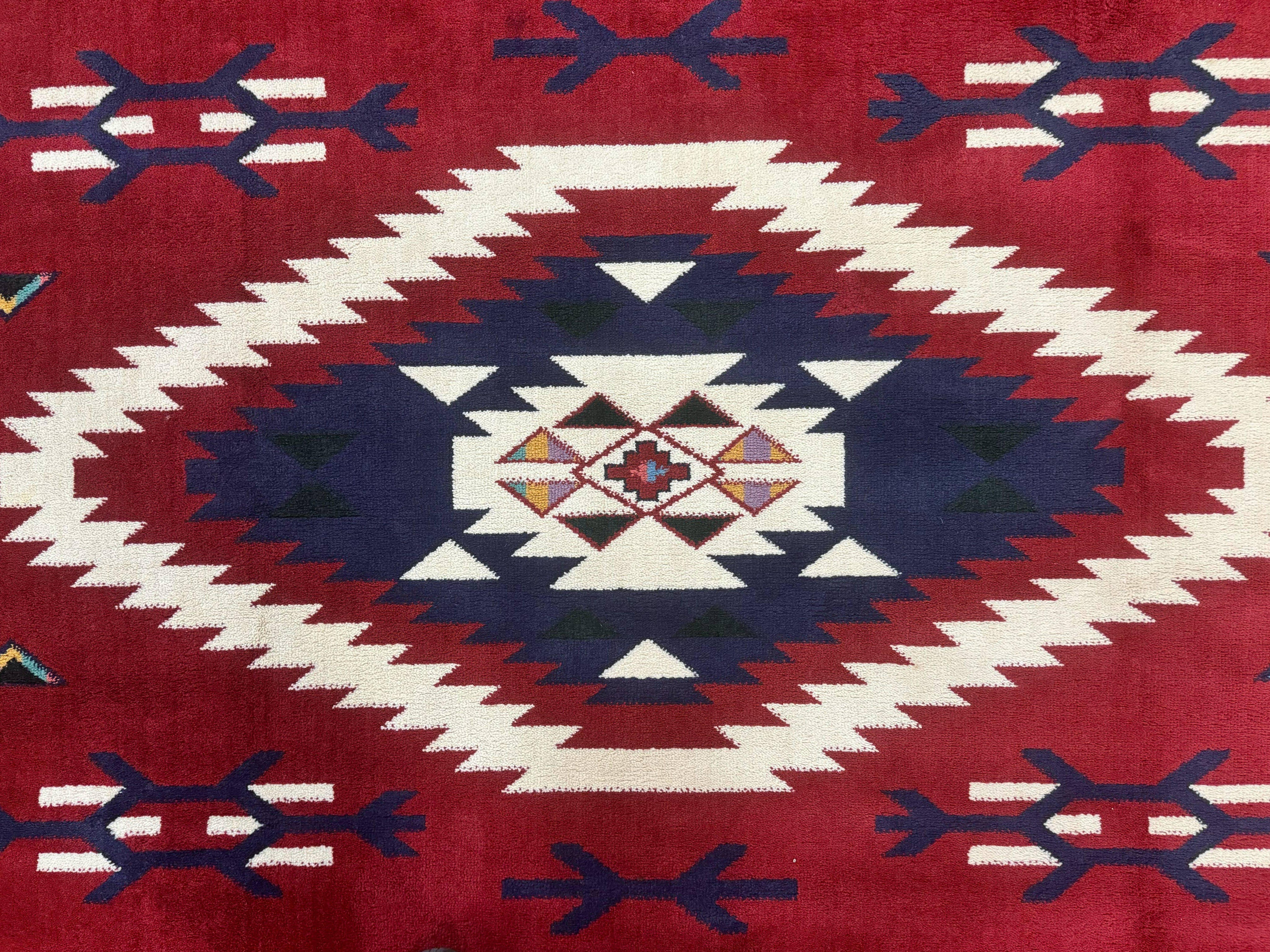 Belgium Power Loomed Rug 8x11, Navajo Native American Design, Dark Red and Ivory, Tribal Rug, Bohemian Carpet