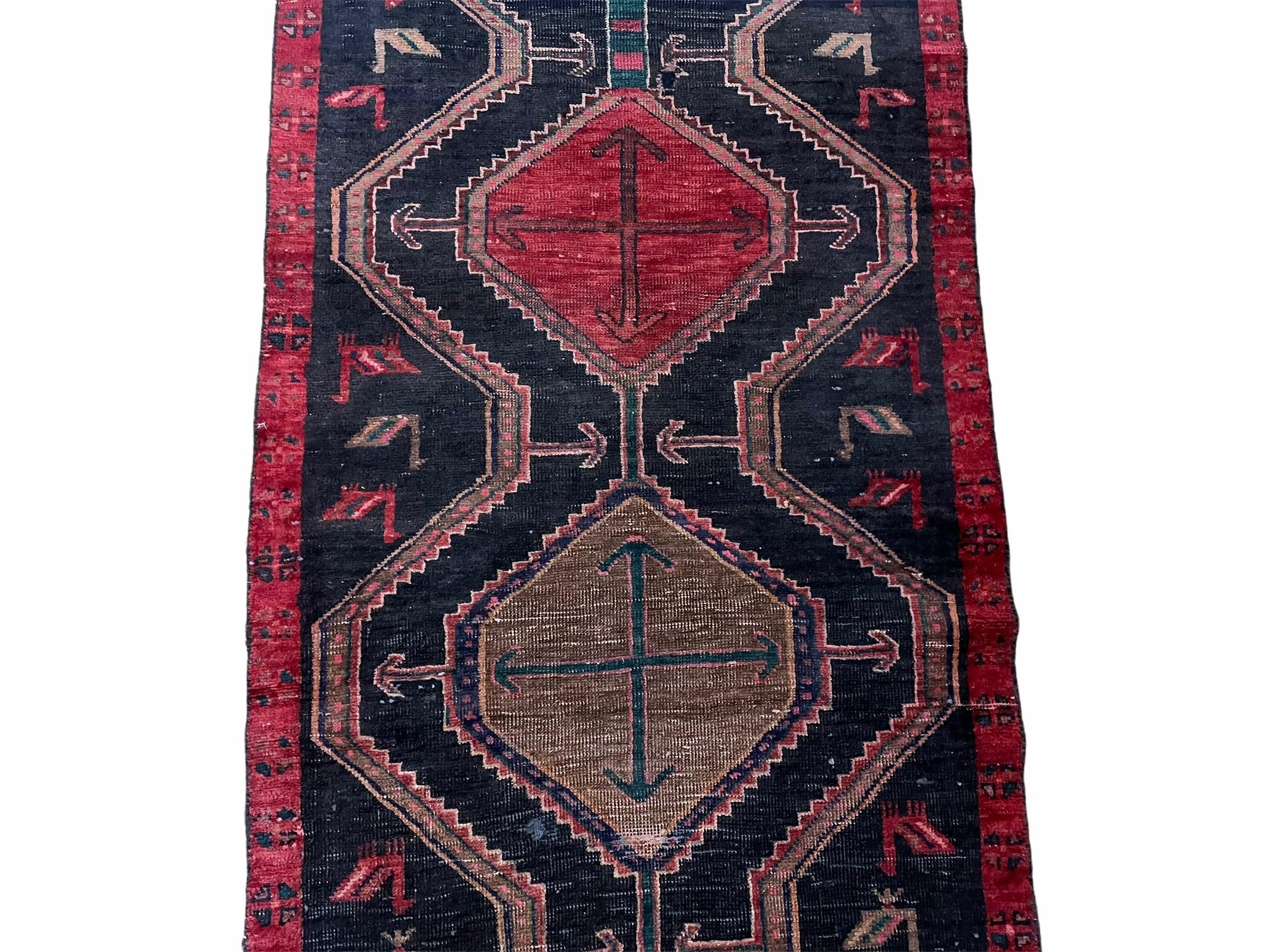 3 X 7 Handmade Wool Tribal Runner Rug Geometric Red Blue Boho Organic Dyes