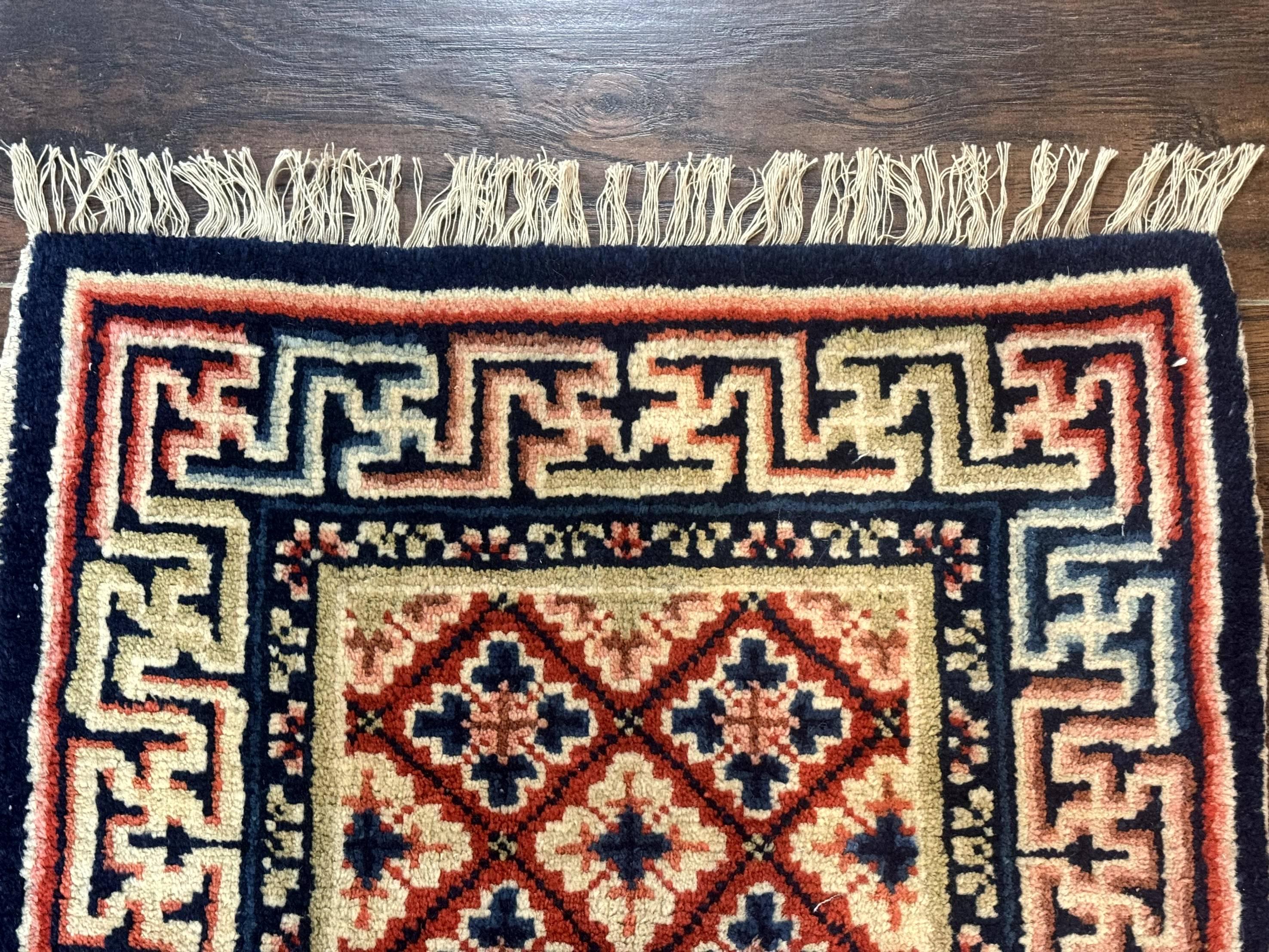 Small Antique Chinese Rug 2x2, Red Blue Square Rug Mat, Handmade, Tibetan Rug