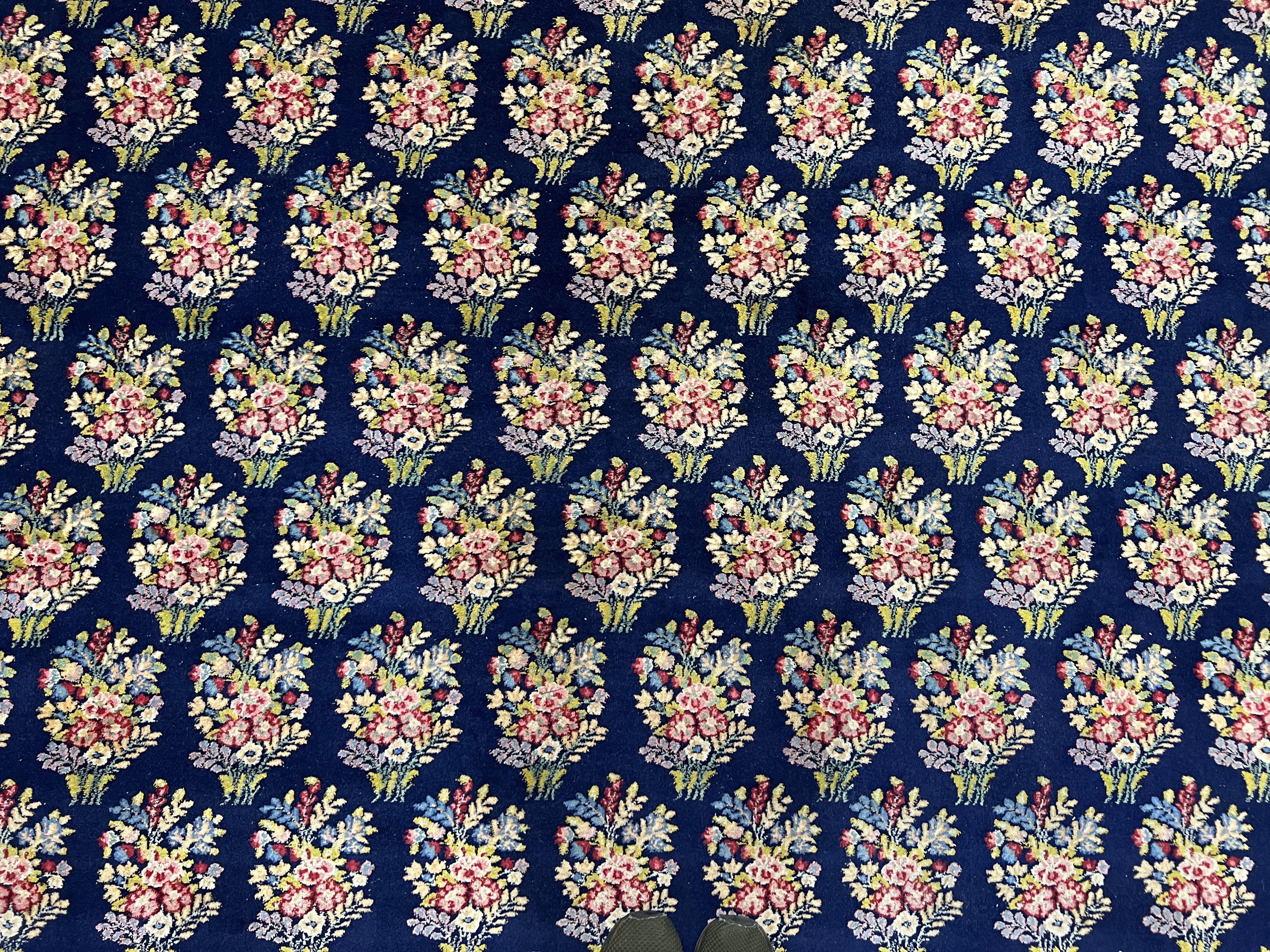 Persian Rug 9x12, Authentic Hand Knotted Carpet, Repeated Floral Motif Garden of Eden, Navy Blue Wool Rug 9 x 12, Semi Antique Kirman Rug