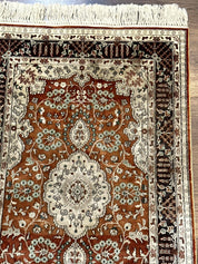 Turkish Silk Narrow Runner Rug 2 x 5.8, Very Fine 340 KPSI, Floral Medallions, Red