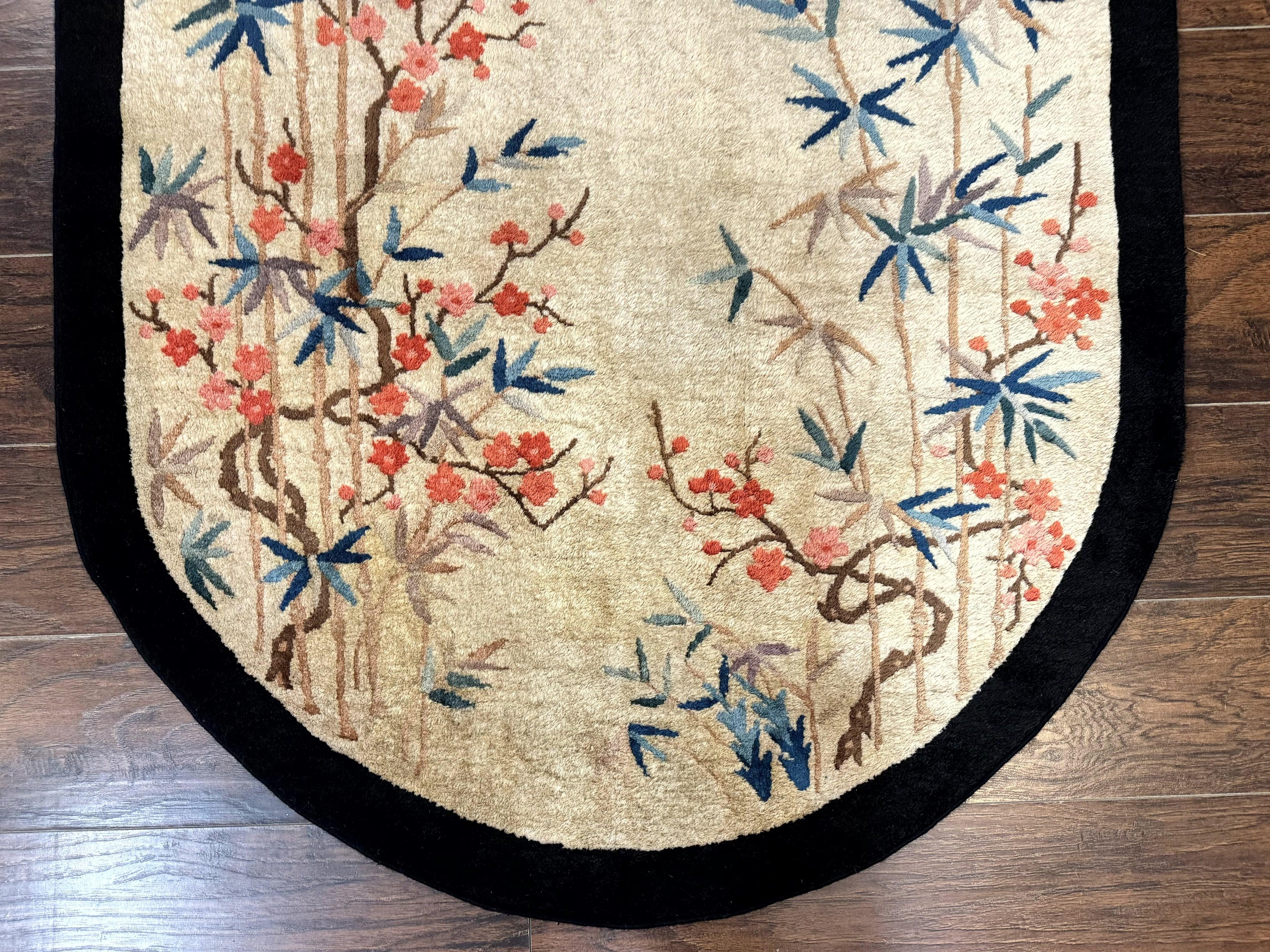 Antique Chinese Oval Rug 3.9 x 6.7, Floral, Butterflies, Chinese Wool Art Deco Peking Carpet, Beige, Handmade