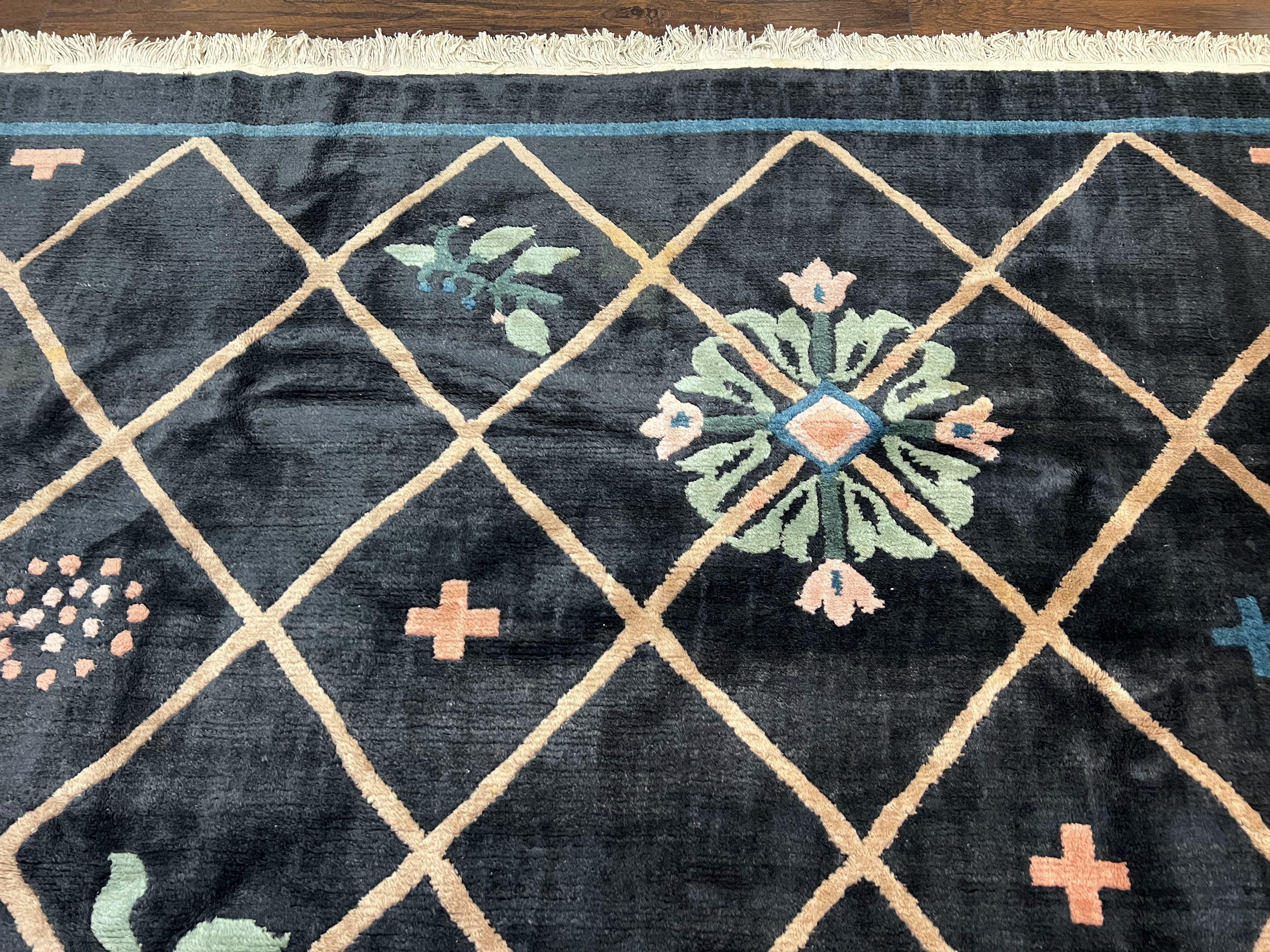 Tibetan Rug 9x12, Hand Knotted Tibet Nepali Contemporary Carpet 9 x 12 ft, Black and Tan, Handmade Area Rug Room Sized, Nepalese Rug