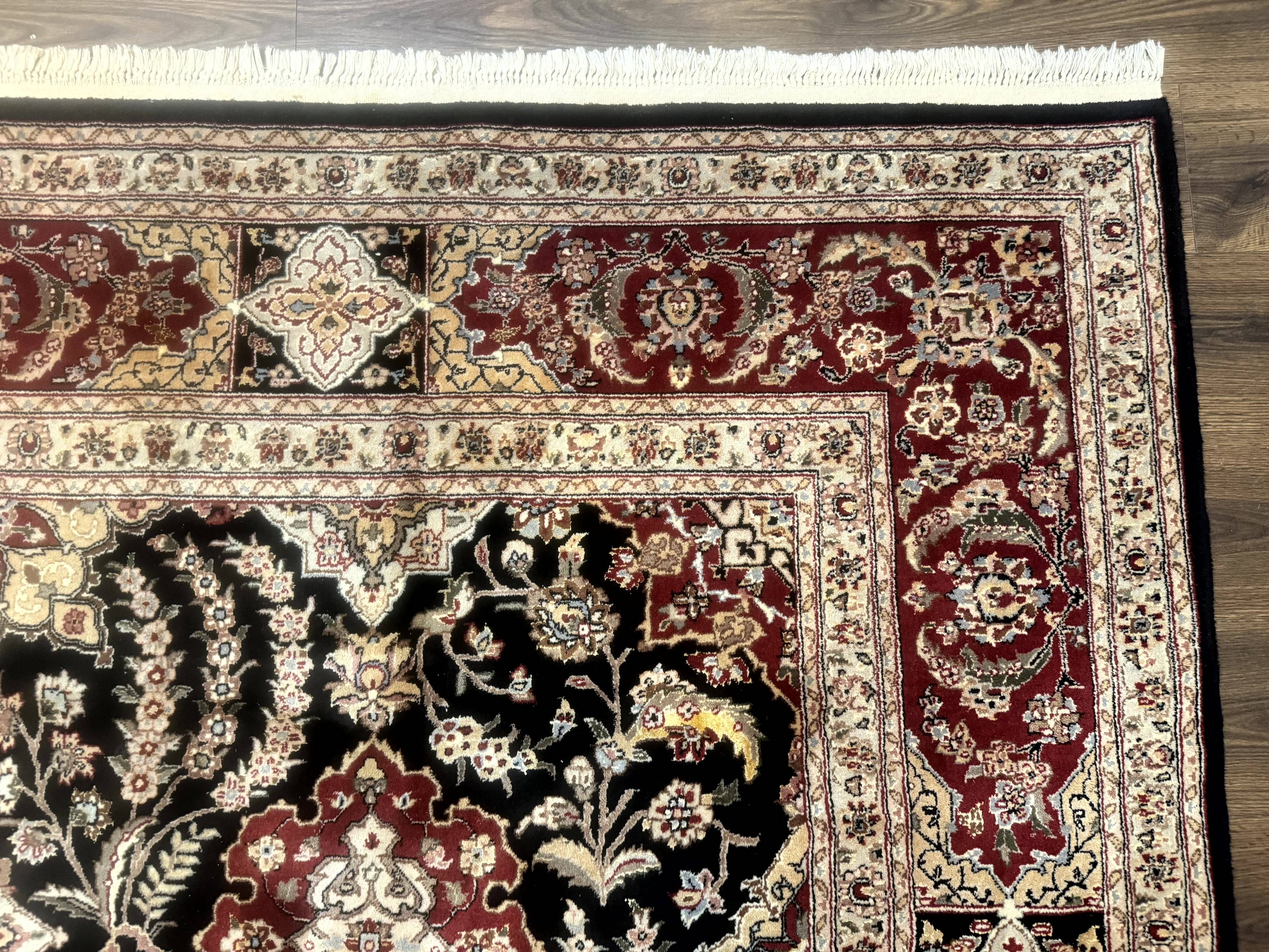 Sino Persian Rug 9x12, Black & Maroon, Wool and Silk, Allover Pattern