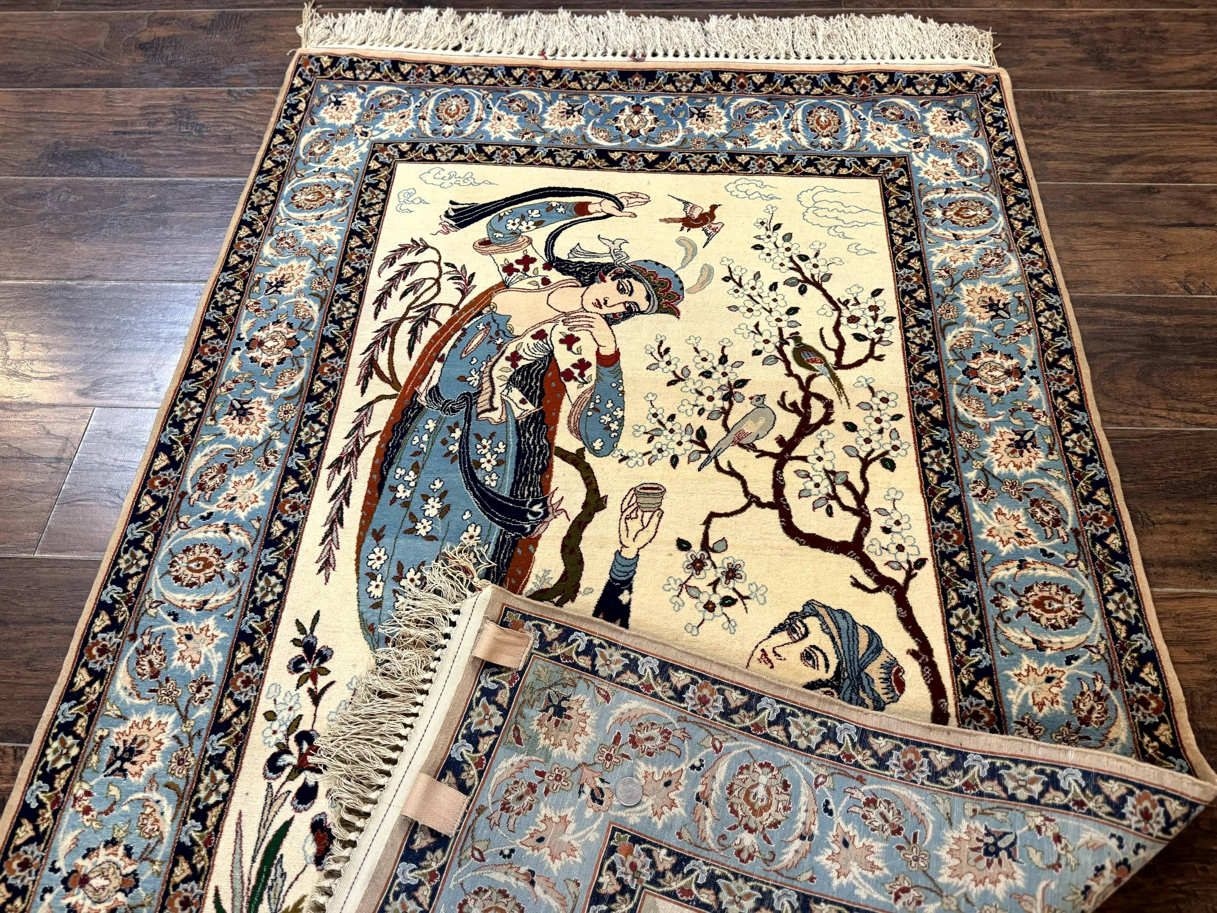 Persian Isfahan Pictorial Rug, Two Lovers, Kork Wool on Silk Foundation, Ivory and Light Blue, 500 KPSI Super Fine