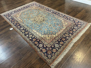 Light Blue Persian Isfahan Rug 5x8, Floral Medallion, Wool on Silk Foundation, Very Fine 530 KPSI, Handmade Carpet