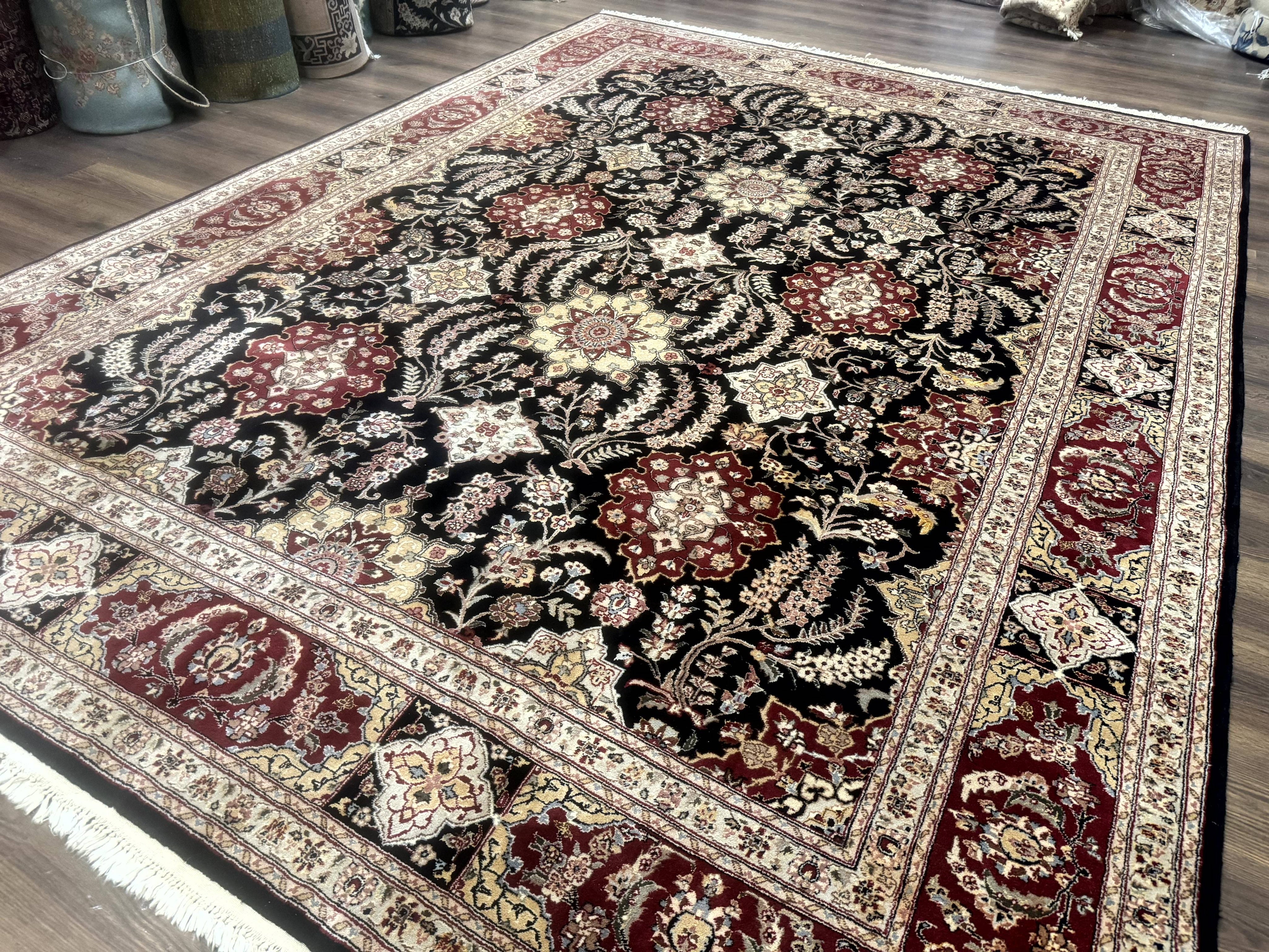 Sino Persian Rug 9x12, Black & Maroon, Wool and Silk, Allover Pattern