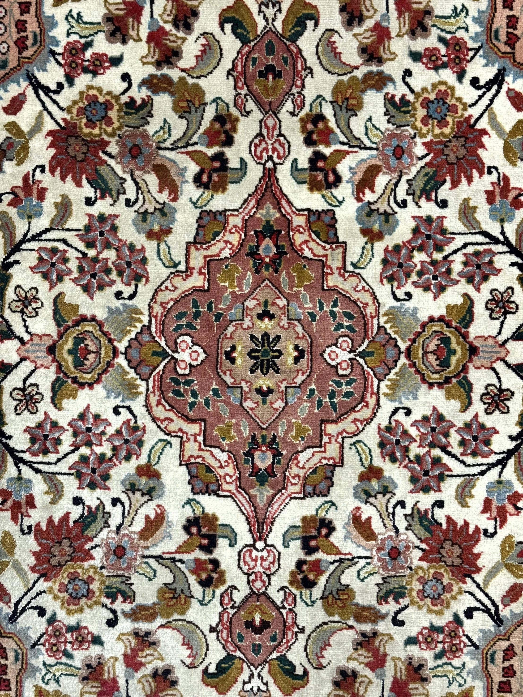 Small Persian Tabriz Rug 2x3, Floral Medallion, Wool and Silk, 340 KPSI