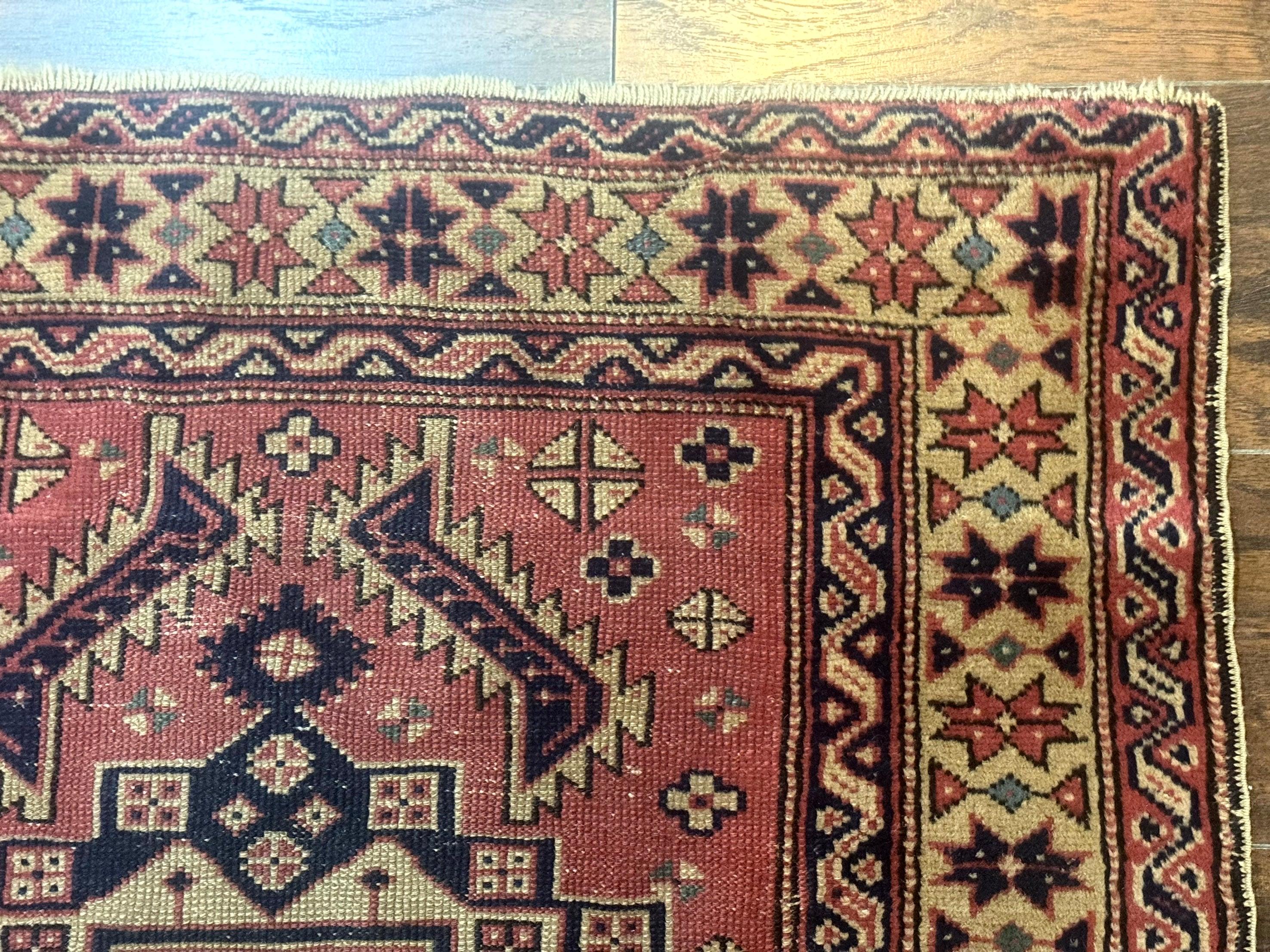 Antique Turkish Sparta Rug 3x6, Geometric Caucasian Kazak Pattern, Handmade
