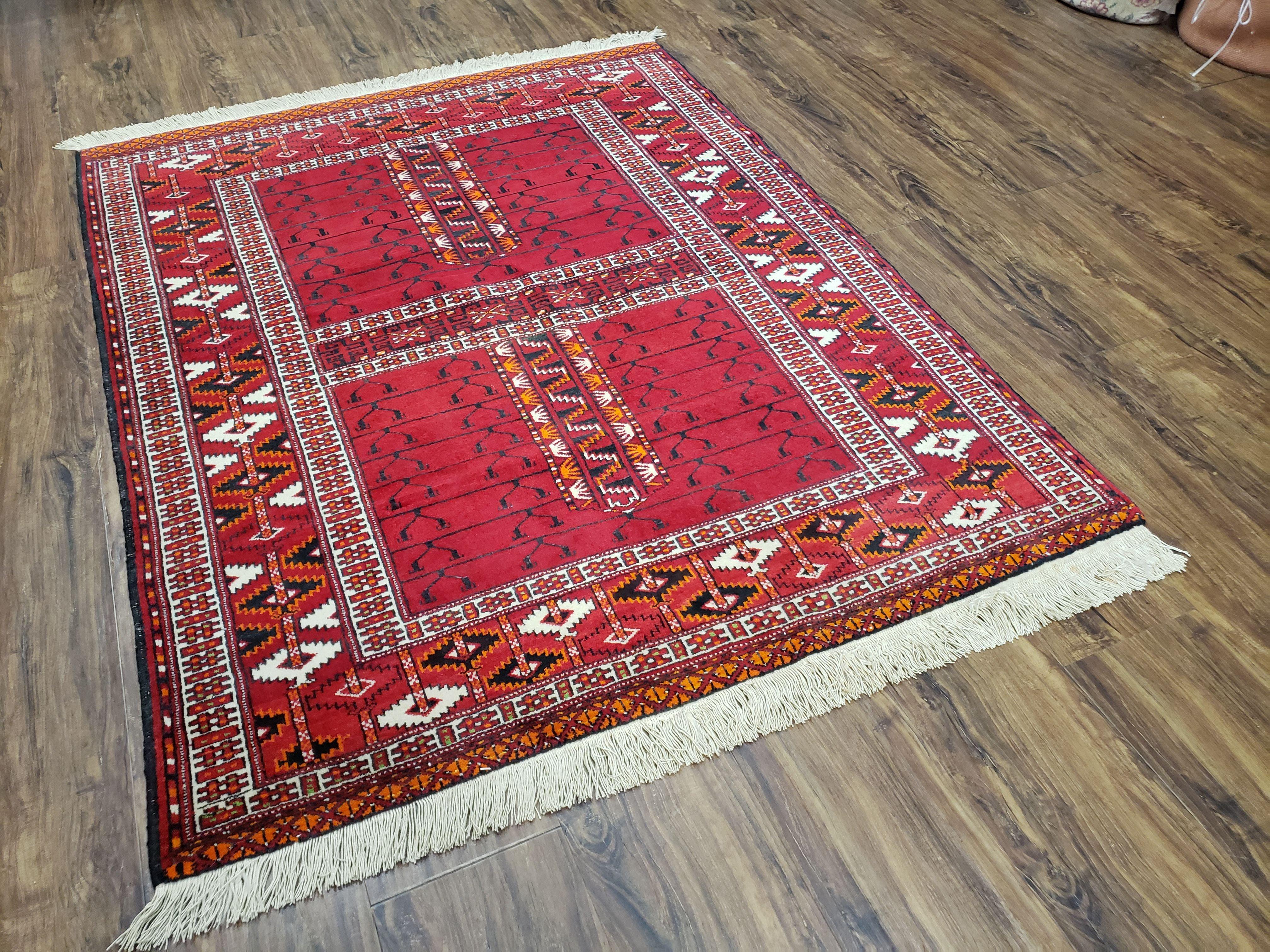 Antique Persian Turkoman Rug 4x5, Hatchli Tekkeh Ersari Red Tribal Rug, Handmade Wool Oriental Carpet, Four Seasons Rug