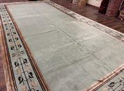 Palace Size Nepali Rug 9x18, Open Field, Light Mint Green, Wool Hand Knotted, Modern Contemporary