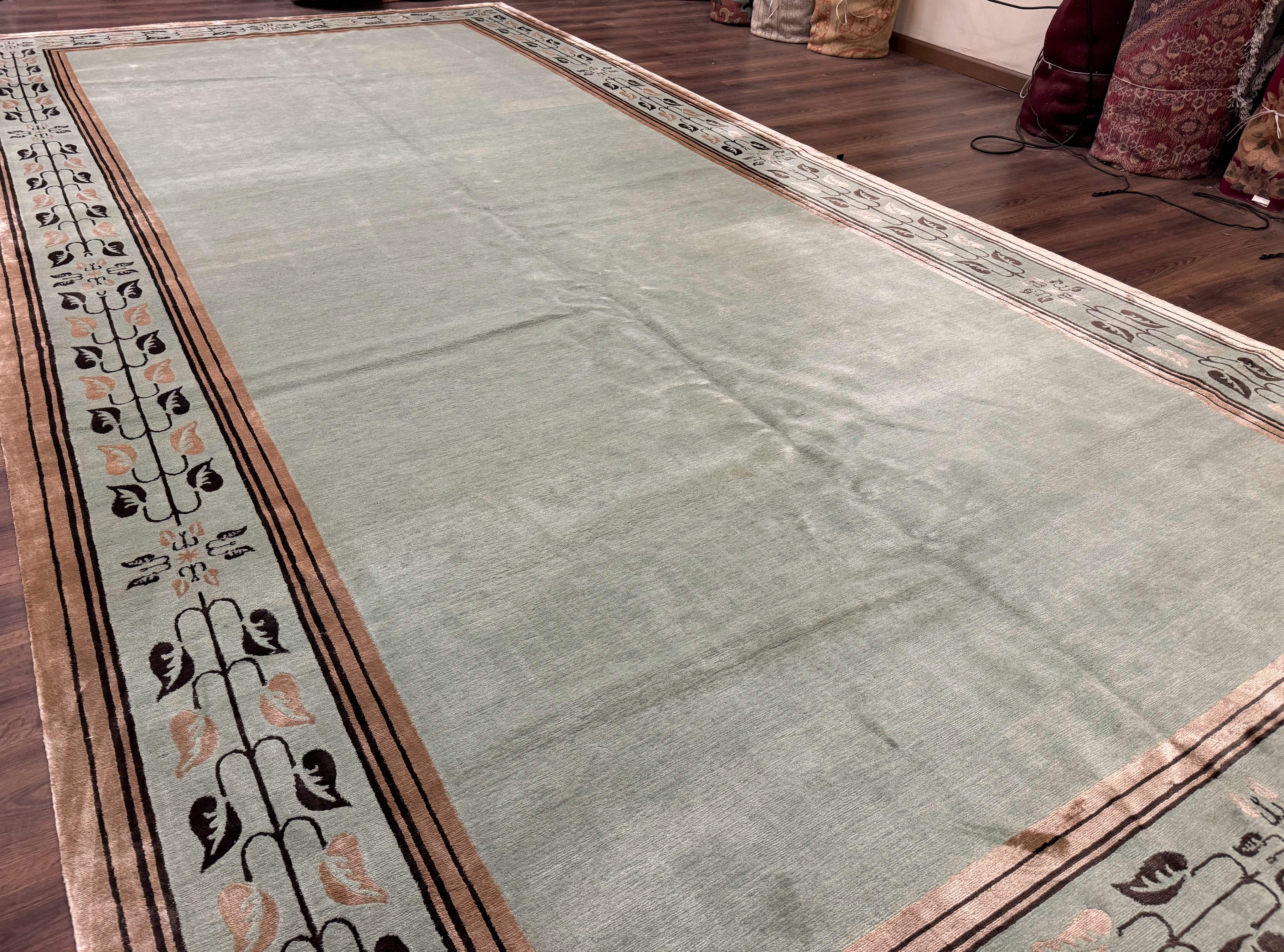 Palace Size Nepali Rug 9x18, Open Field, Light Mint Green, Wool Hand Knotted, Modern Contemporary