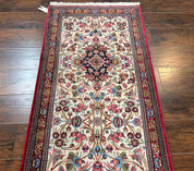 Wonderful Persian Qum Runner Rug 2.8 x 10 ft, Floral Medallions with Bird Motifs, Hand Knotted Wool Fine Oriental 10ft Hallway Runner, Cream Red