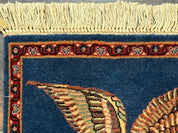 Pictorial Rug of American Flag with Bald Eagle, Small Indo Persian Pictorial Rug, Blue, Handmade, Very Fine 330 KPSI