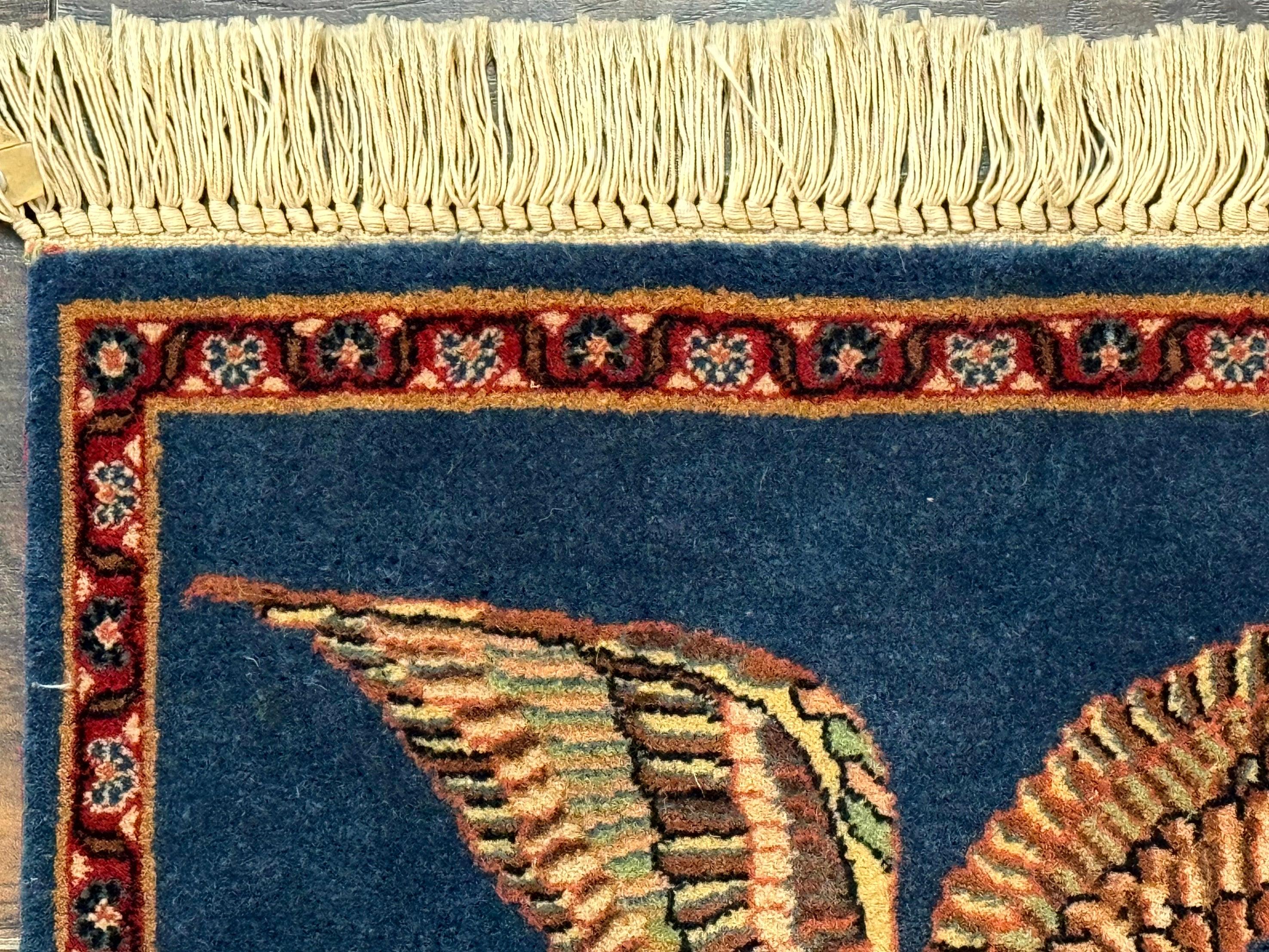 Pictorial Rug of American Flag with Bald Eagle, Small Indo Persian Pictorial Rug, Blue, Handmade, Very Fine 330 KPSI