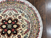 Silk Persian Tabriz Round Rug 3x3 ft, Very Fine Hand Knotted Carpet 380 KPSI, Cream & Gold, Bird Pictorials, Floral, Rare