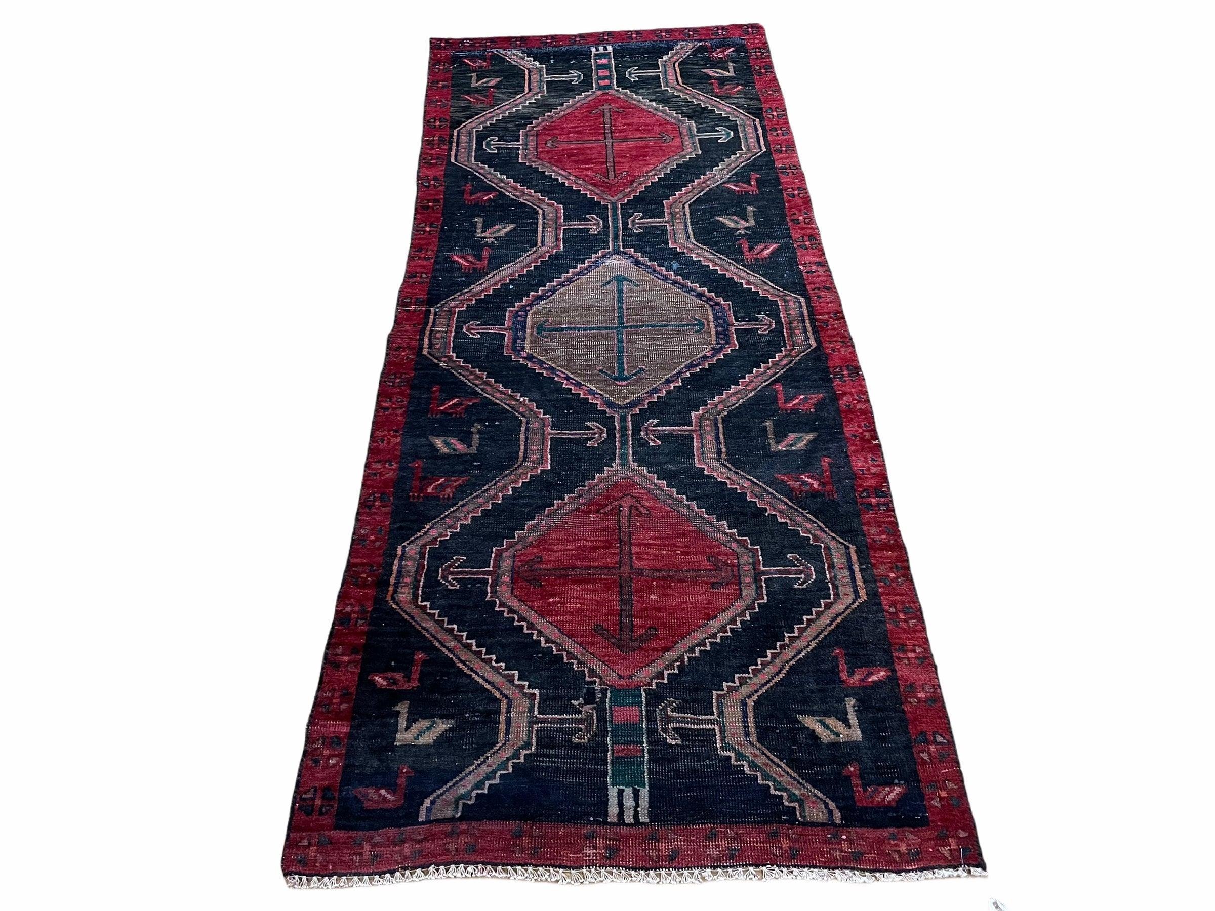 3 X 7 Handmade Wool Tribal Runner Rug Geometric Red Blue Boho Organic Dyes