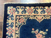 Blue and Beige Chinese Wool Rug 3x6, Chinese Fete Rug, Peking Rug, Antique Chinese Carpet