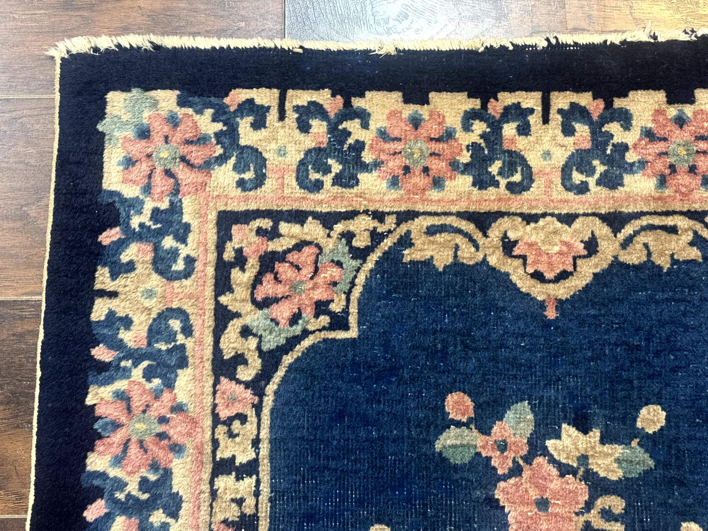 Blue and Beige Chinese Wool Rug 3x6, Chinese Fete Rug, Peking Rug, Antique Chinese Carpet