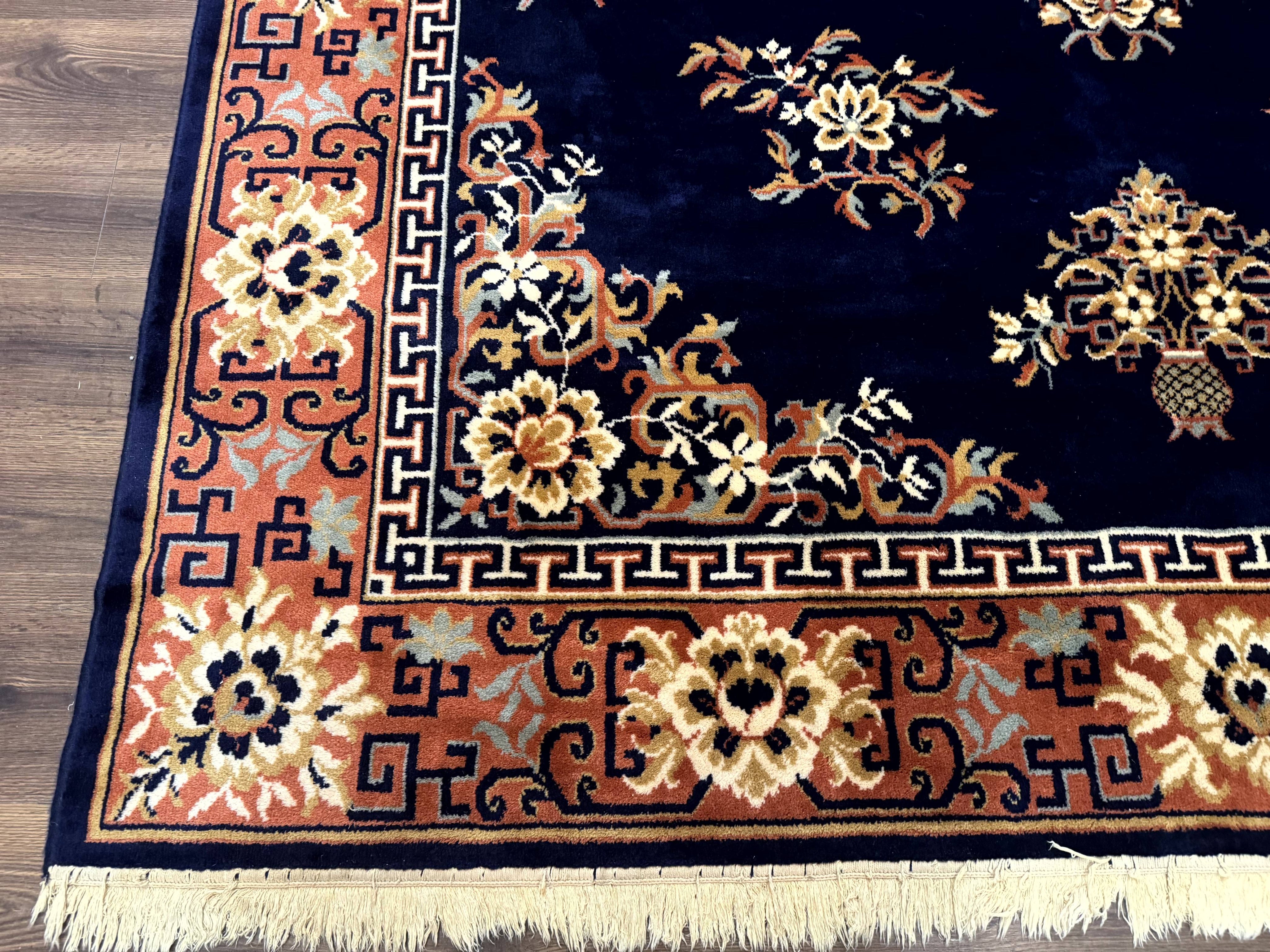 Chinese Wool Rug 8x11, Navy Blue and Terracotta, Floral, Couristan Belgium Power Loomed Carpet