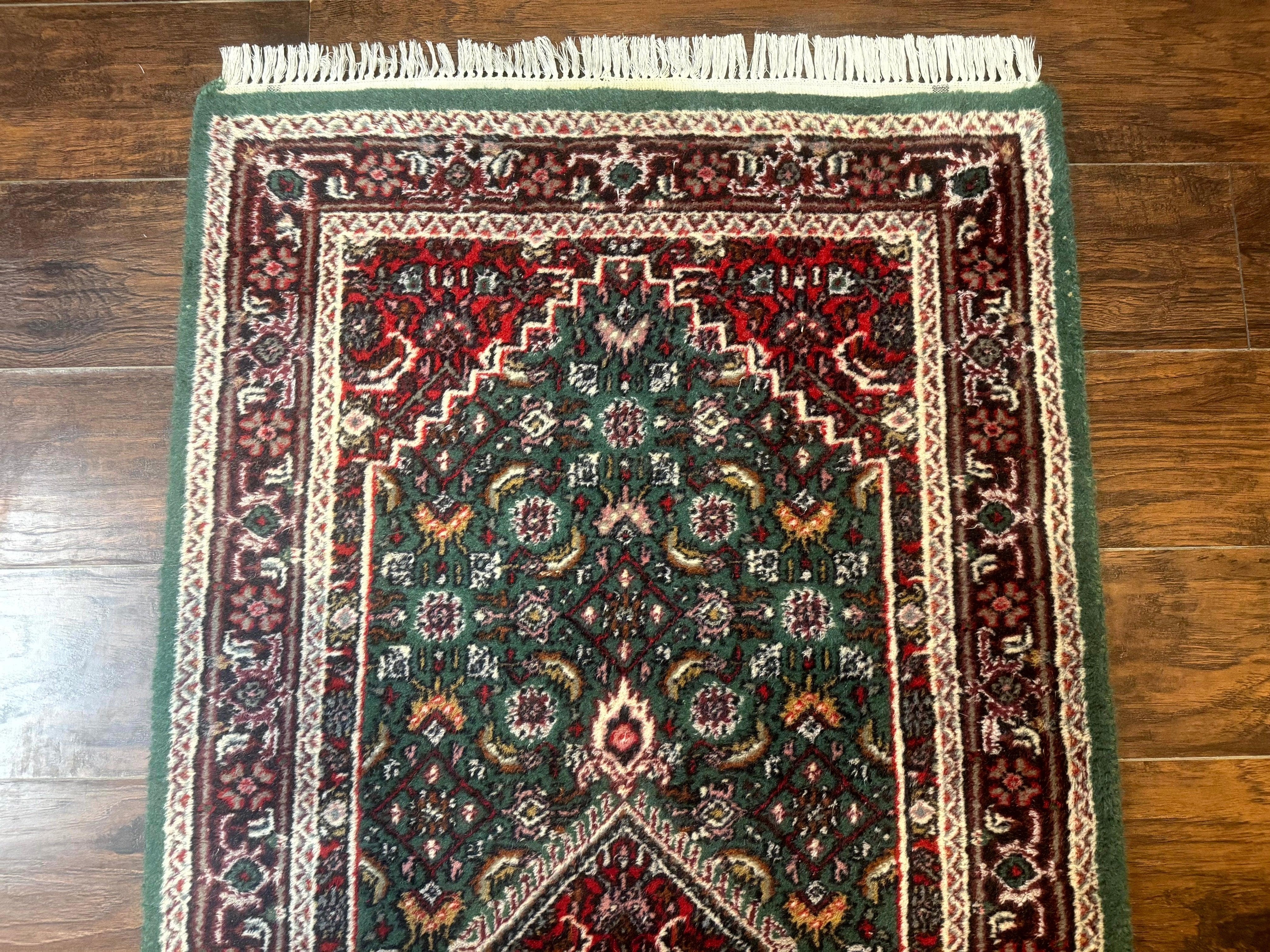 Green Indo Persian Bidjar Runner Rug 3x10, Green and Red