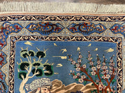 Fine Persian Isfahan Pictorial Rug 3.7 x 5, Kork Wool on Silk Foundation, Blue Persian Carpet, Hand Knotted, Humans Birds, High KPSI, Semi Antique