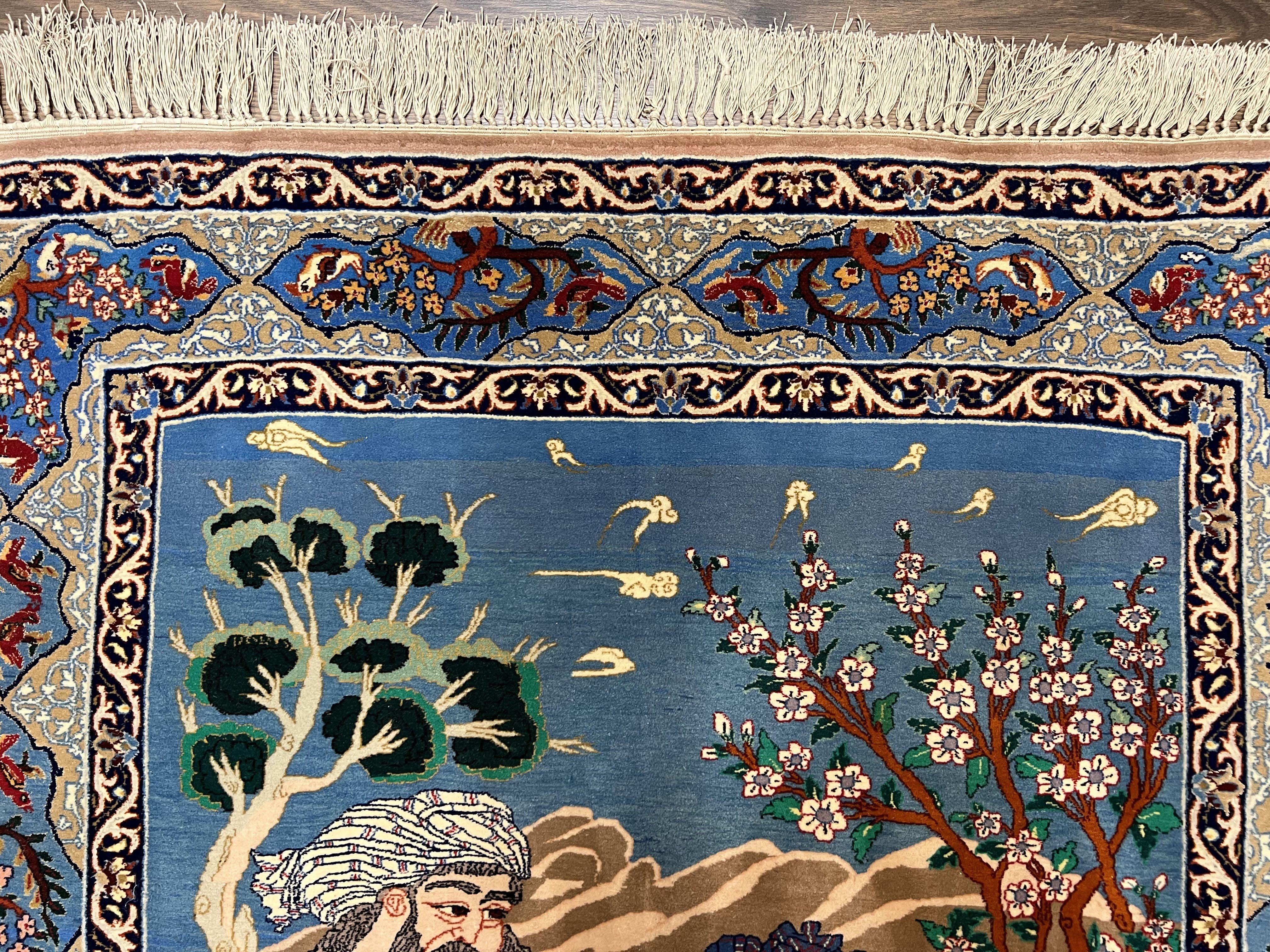 Fine Persian Isfahan Pictorial Rug 3.7 x 5, Kork Wool on Silk Foundation, Blue Persian Carpet, Hand Knotted, Humans Birds, High KPSI, Semi Antique