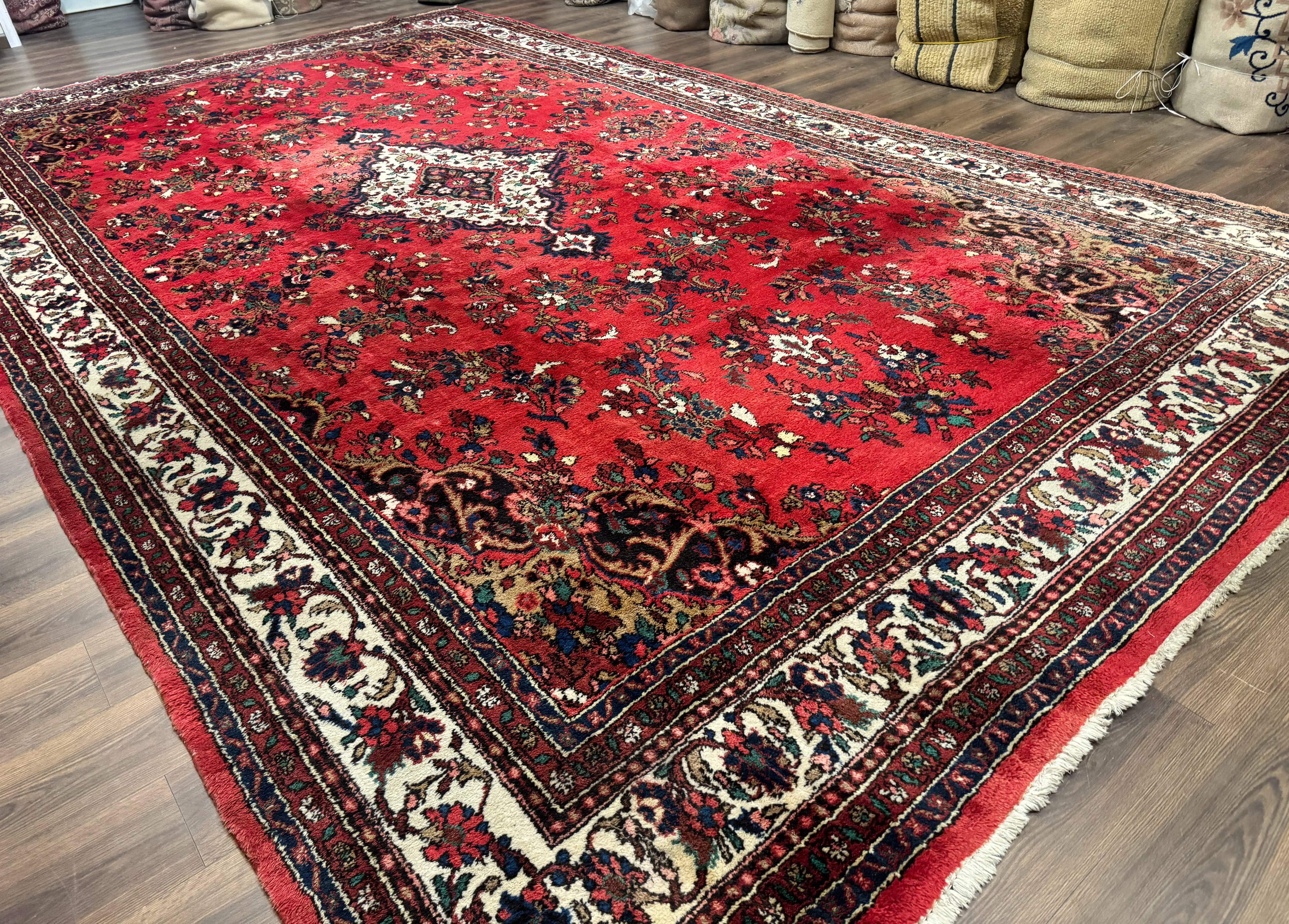Palace Size Persian Rug 11x18, Red, Bibikabad Rug, Handmade Large Wool Carpet, Persian Hamadan Rug, Dargazin Rug