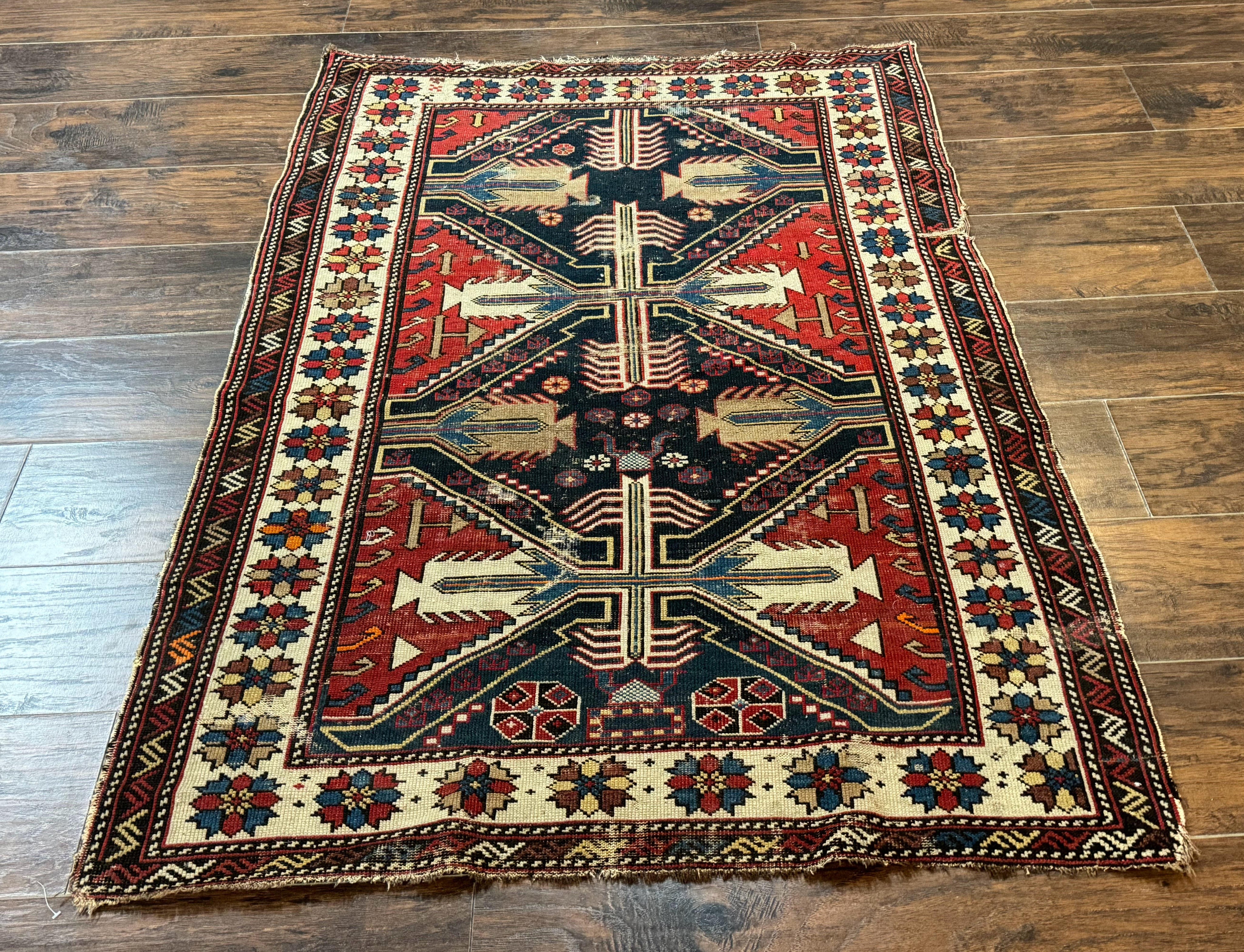 Antique Shirvan Caucasian Rug 3x5, Geometric Pattern, Red Navy Blue Beige