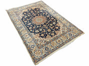 Persian Isfahan Rug 4x5, Navy Blue & Ivory, Wool and Silk Highlights