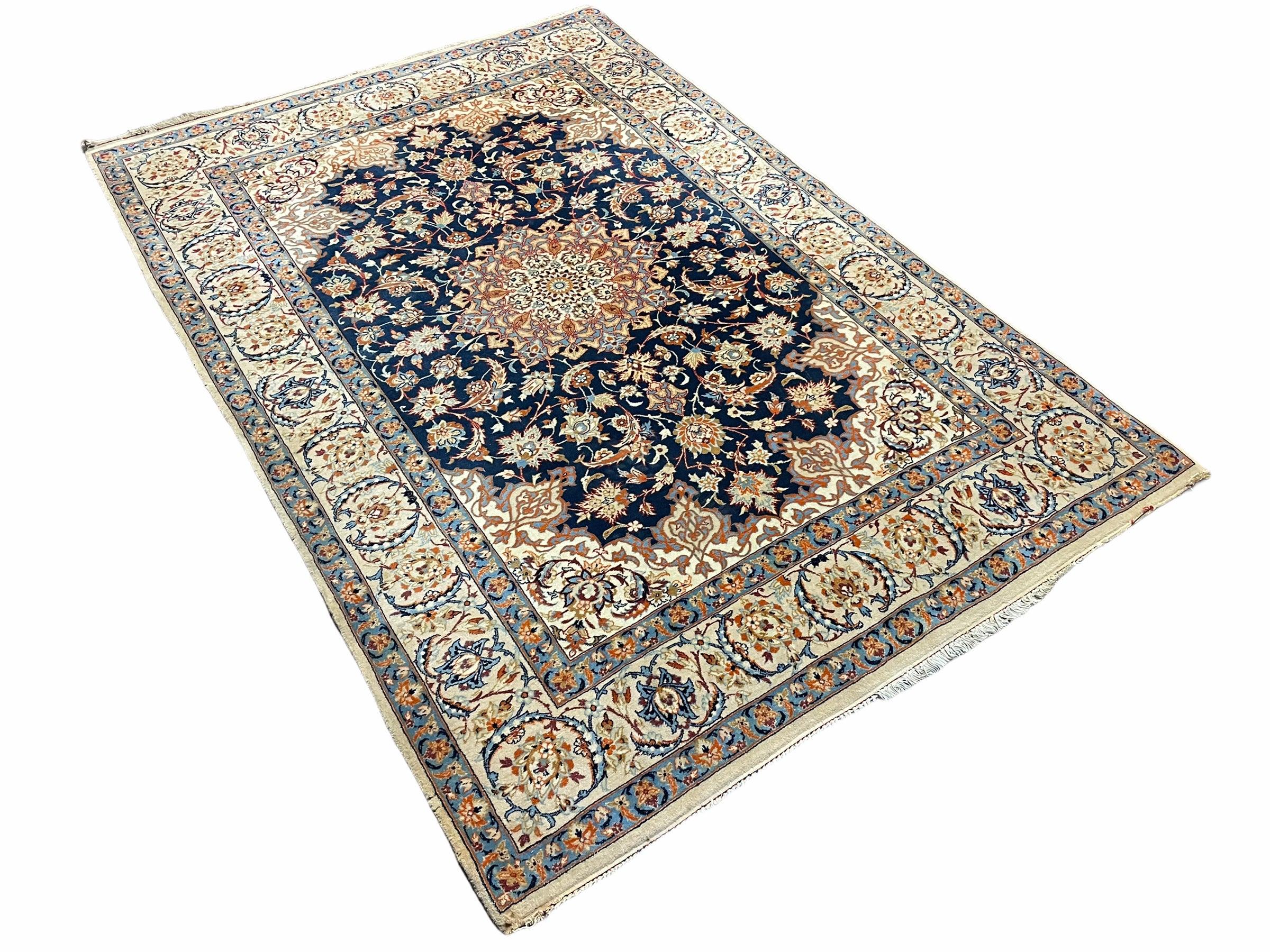 Persian Isfahan Rug 4x5, Navy Blue & Ivory, Wool and Silk Highlights