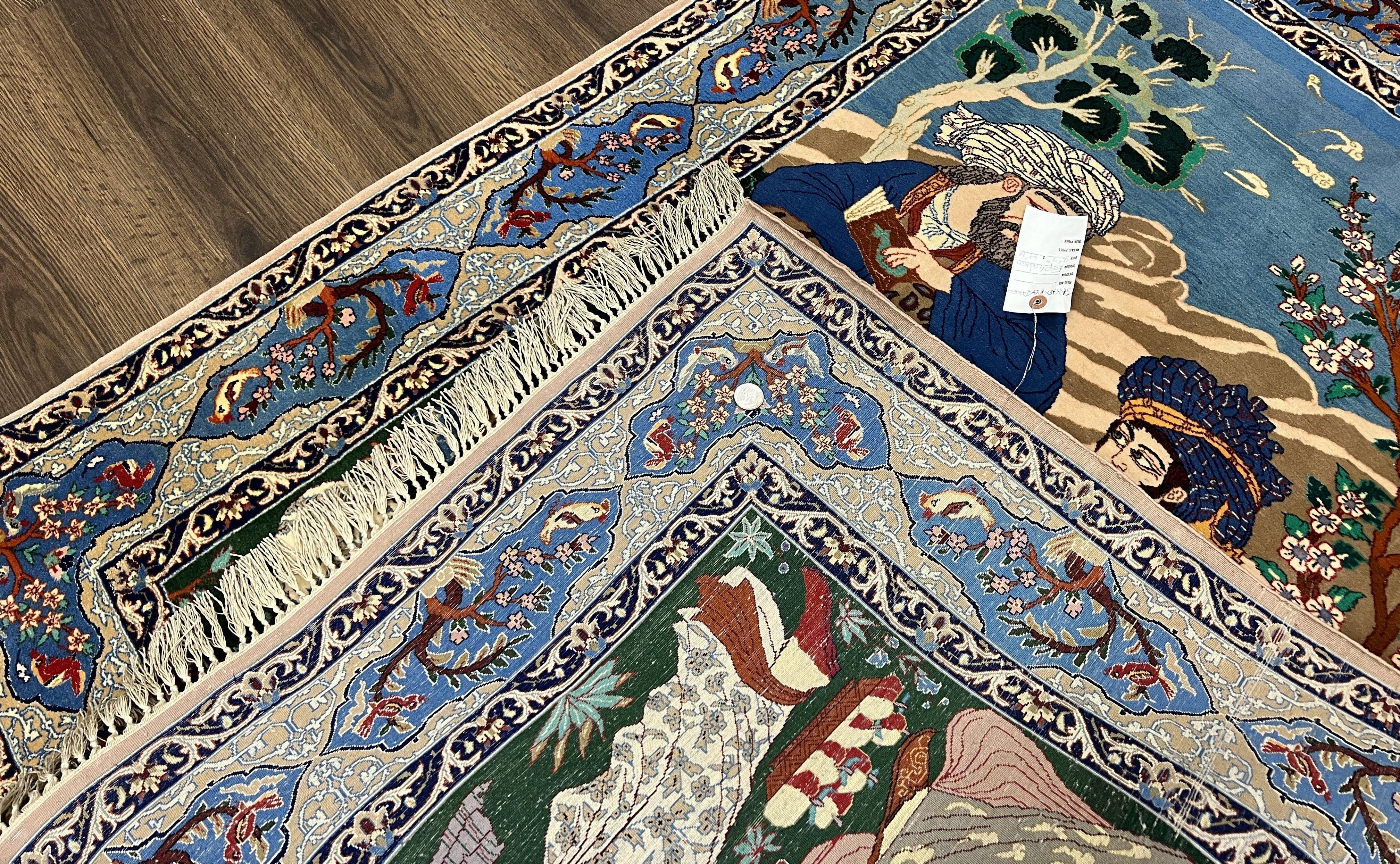 Fine Persian Isfahan Pictorial Rug 3.7 x 5, Kork Wool on Silk Foundation, Blue Persian Carpet, Hand Knotted, Humans Birds, High KPSI, Semi Antique