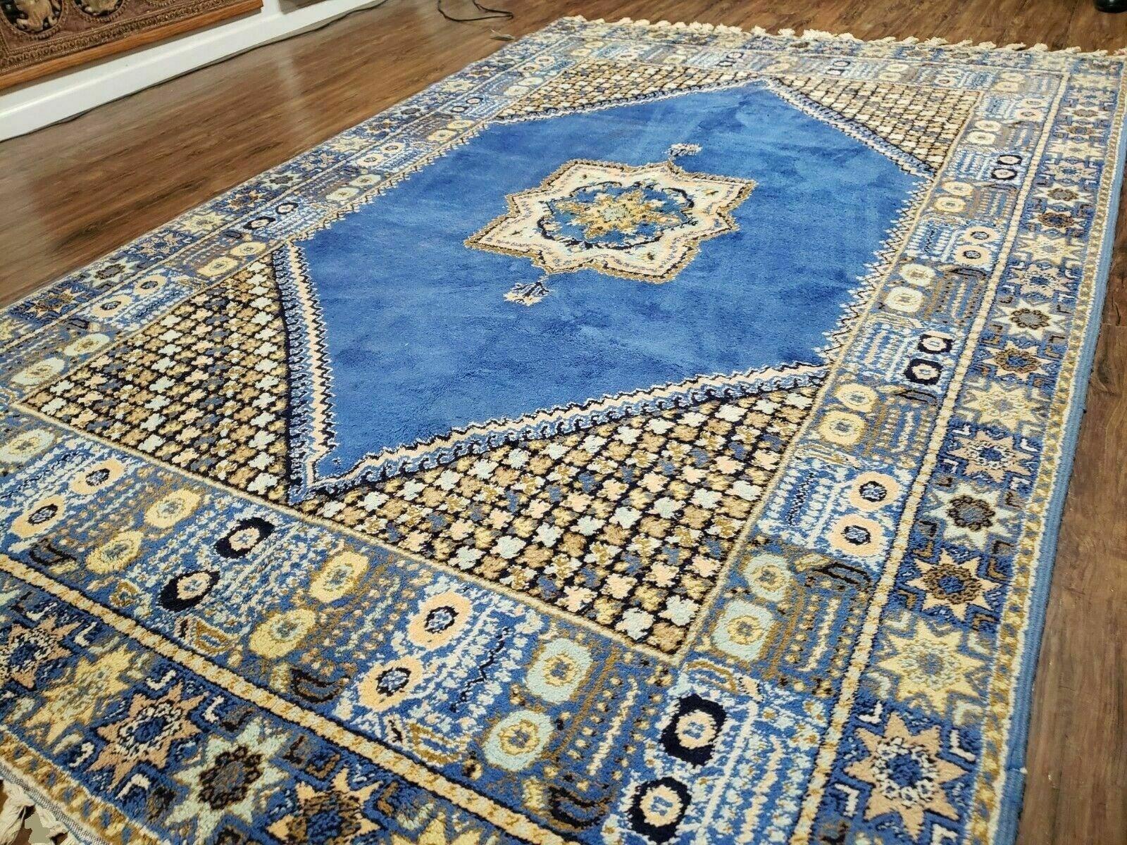 7' X 10' 5" Handmade Moroccan Urban Rabat Wool Carpet Blue Area Rug