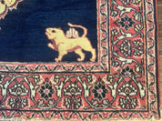 Antique Persian Mashad Rug 4x6, Semi Open Field, Navy Blue, Lion Pictorials, Triple Medallion, Dorokhsh Rug