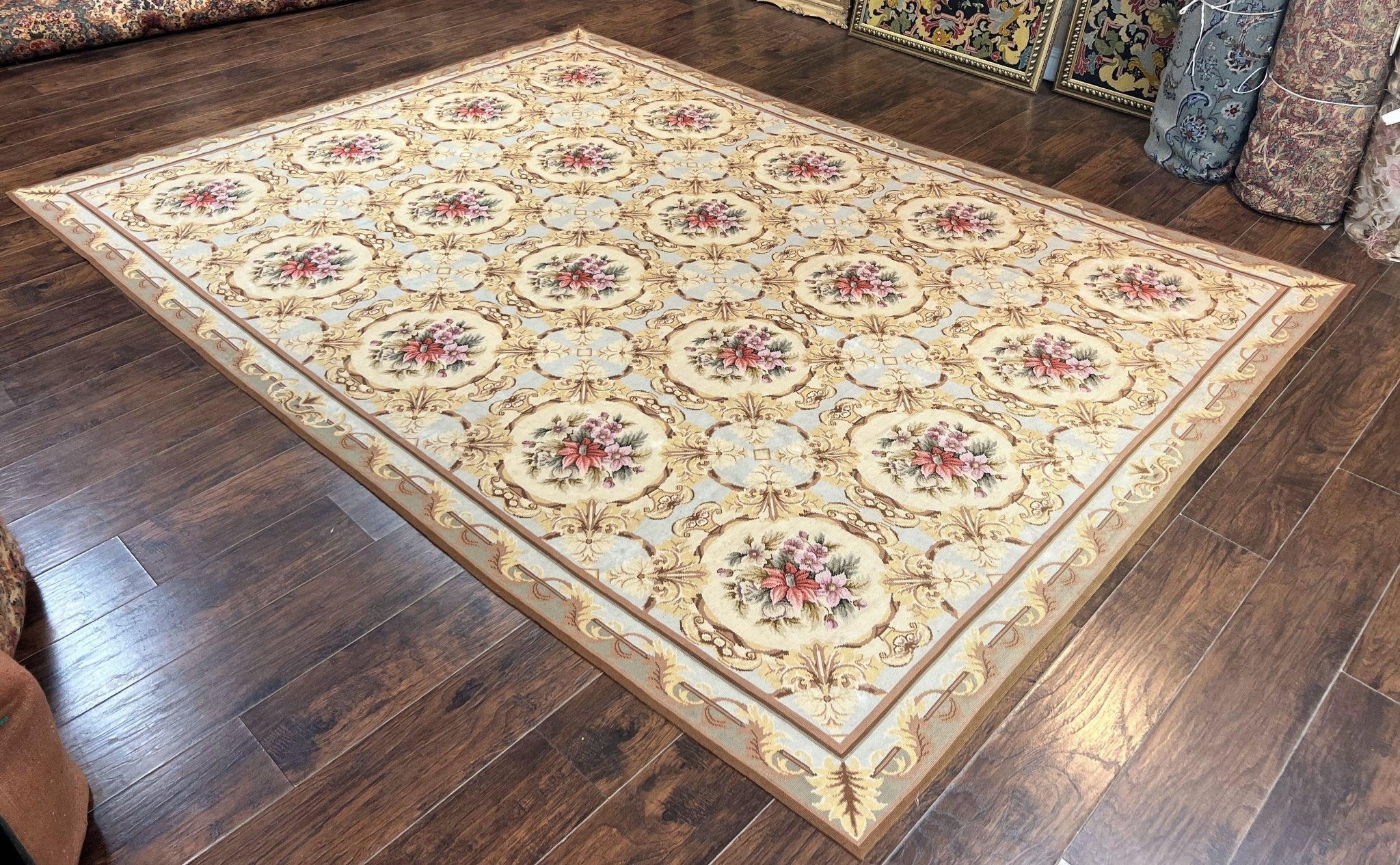 Chinese Needlepoint Rug 8x11, Handmade Wool Needlepoint Carpet, Vintage, Sky Blue - Jewel RugsShopify CollectiveHUNTEDFOX - Chinese Needlepoint Rug 8x11, Handmade Wool Needlepoint Carpet, Vintage, Sky Blue