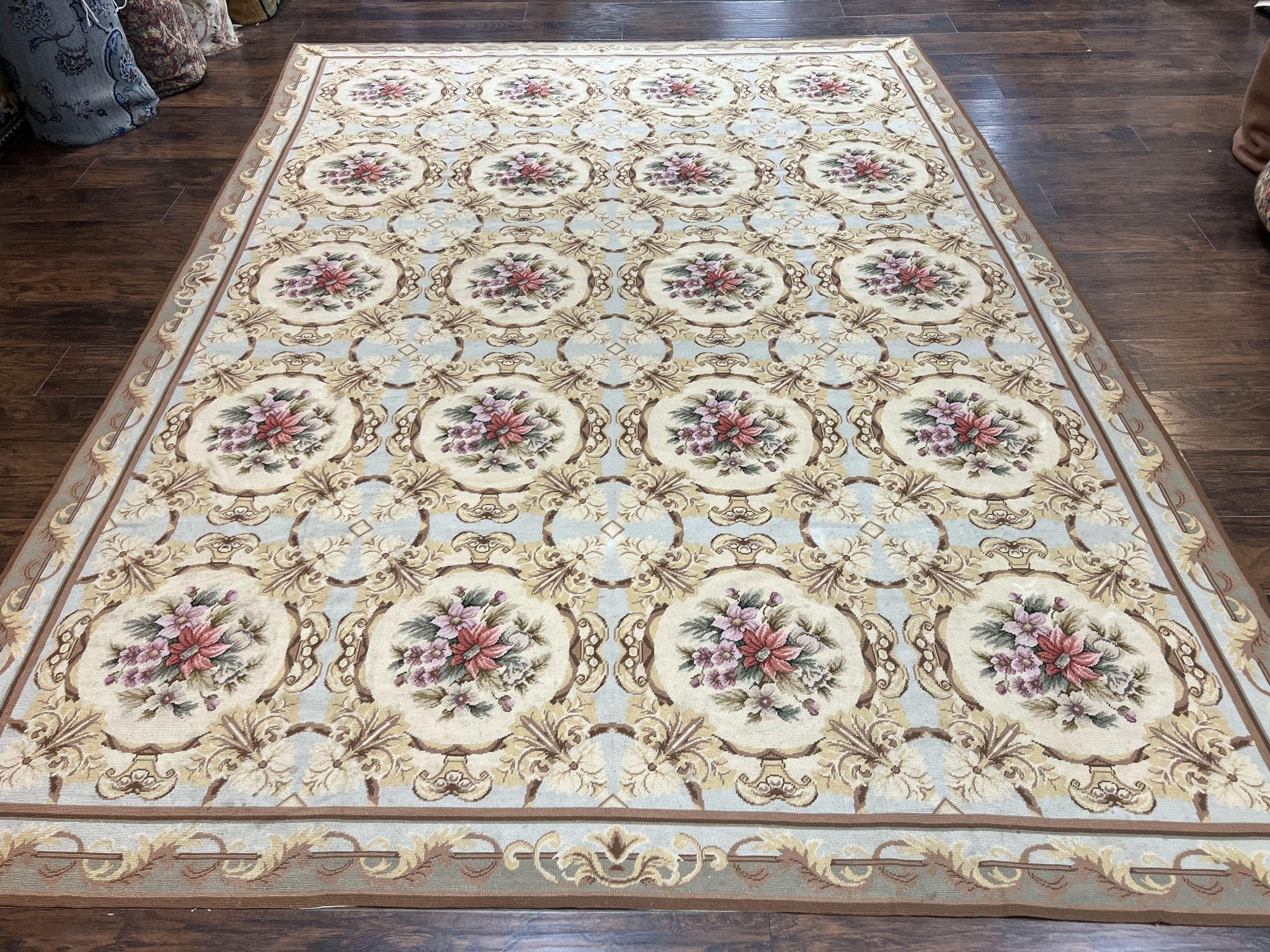 Chinese Needlepoint Rug 8x11, Handmade Wool Needlepoint Carpet, Vintage, Sky Blue - Jewel RugsShopify CollectiveHUNTEDFOX - Chinese Needlepoint Rug 8x11, Handmade Wool Needlepoint Carpet, Vintage, Sky Blue