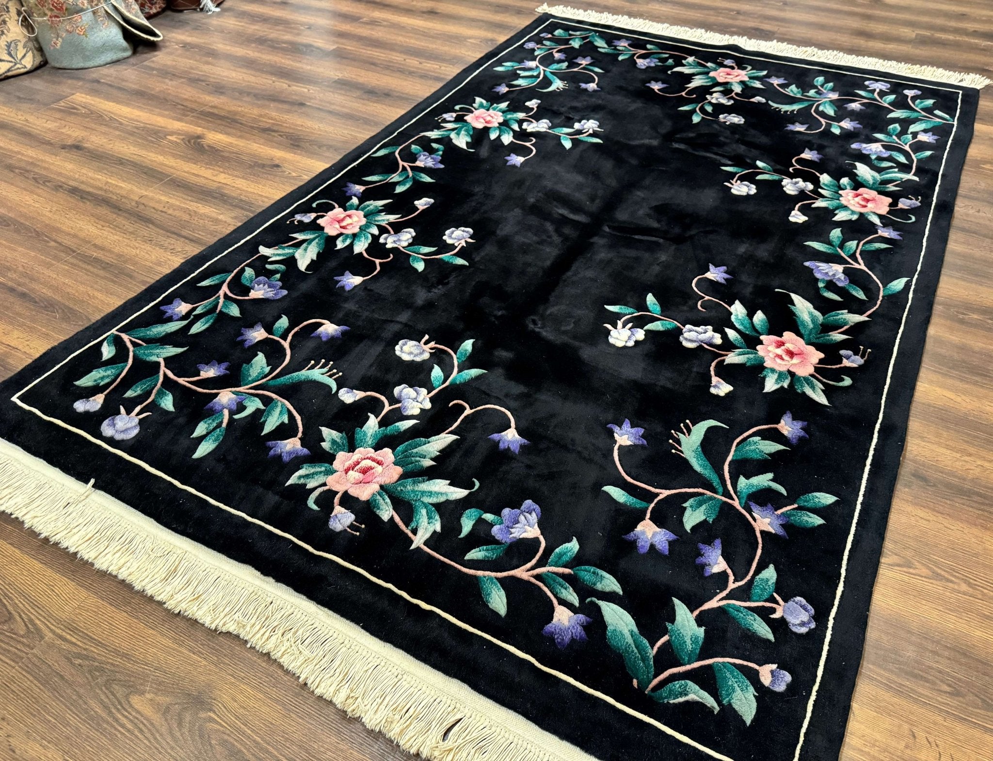 Chinese Wool Rug 6x9, Black, Floral, Minimal Design, 90 Line Carpet, Vintage Art Deco Rug - Jewel RugsShopify CollectiveHUNTEDFOX - Chinese Wool Rug 6x9, Black, Floral, Minimal Design, 90 Line Carpet, Vintage Art Deco Rug