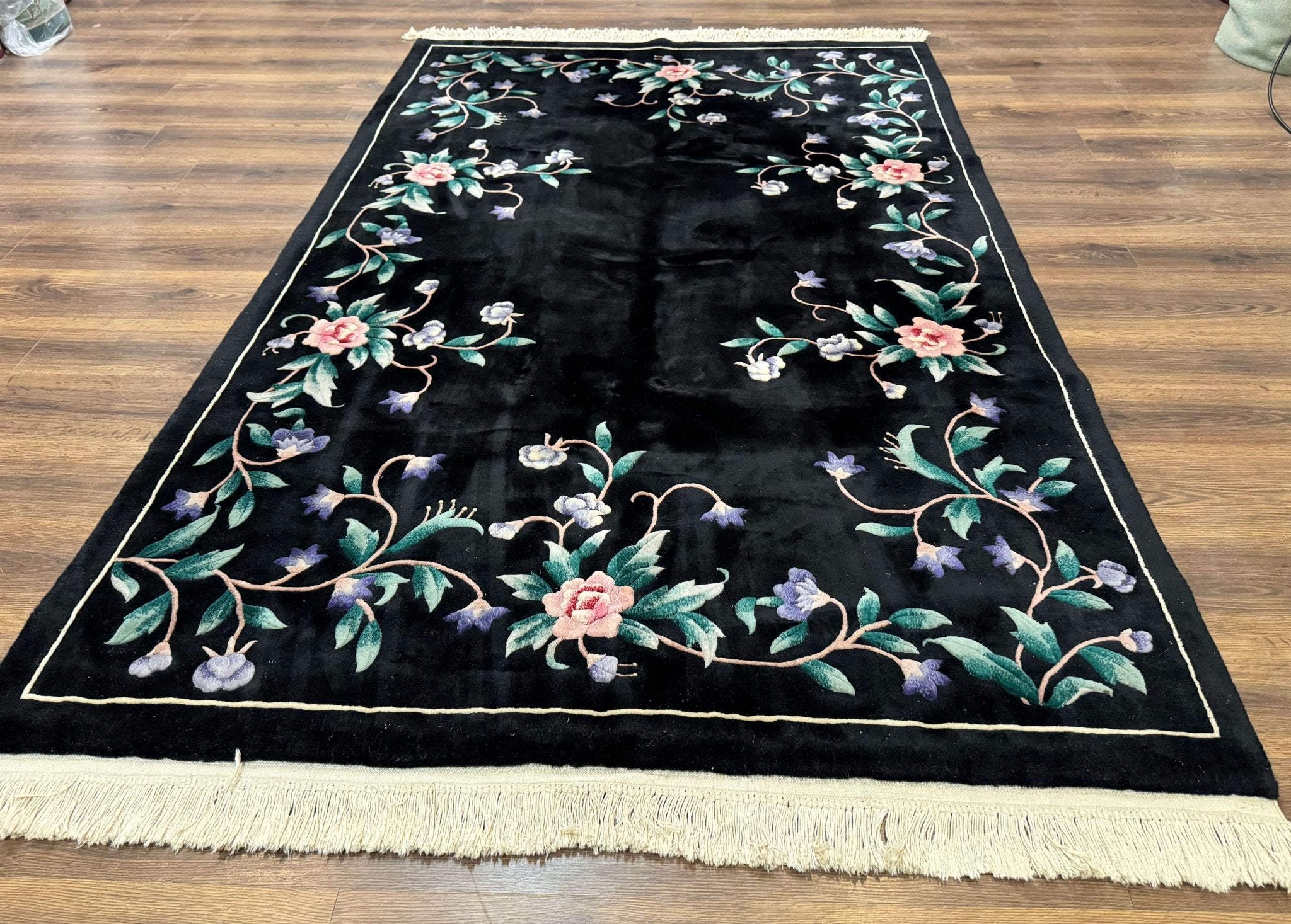 Chinese Wool Rug 6x9, Black, Floral, Minimal Design, 90 Line Carpet, Vintage Art Deco Rug - Jewel RugsShopify CollectiveHUNTEDFOX - Chinese Wool Rug 6x9, Black, Floral, Minimal Design, 90 Line Carpet, Vintage Art Deco Rug