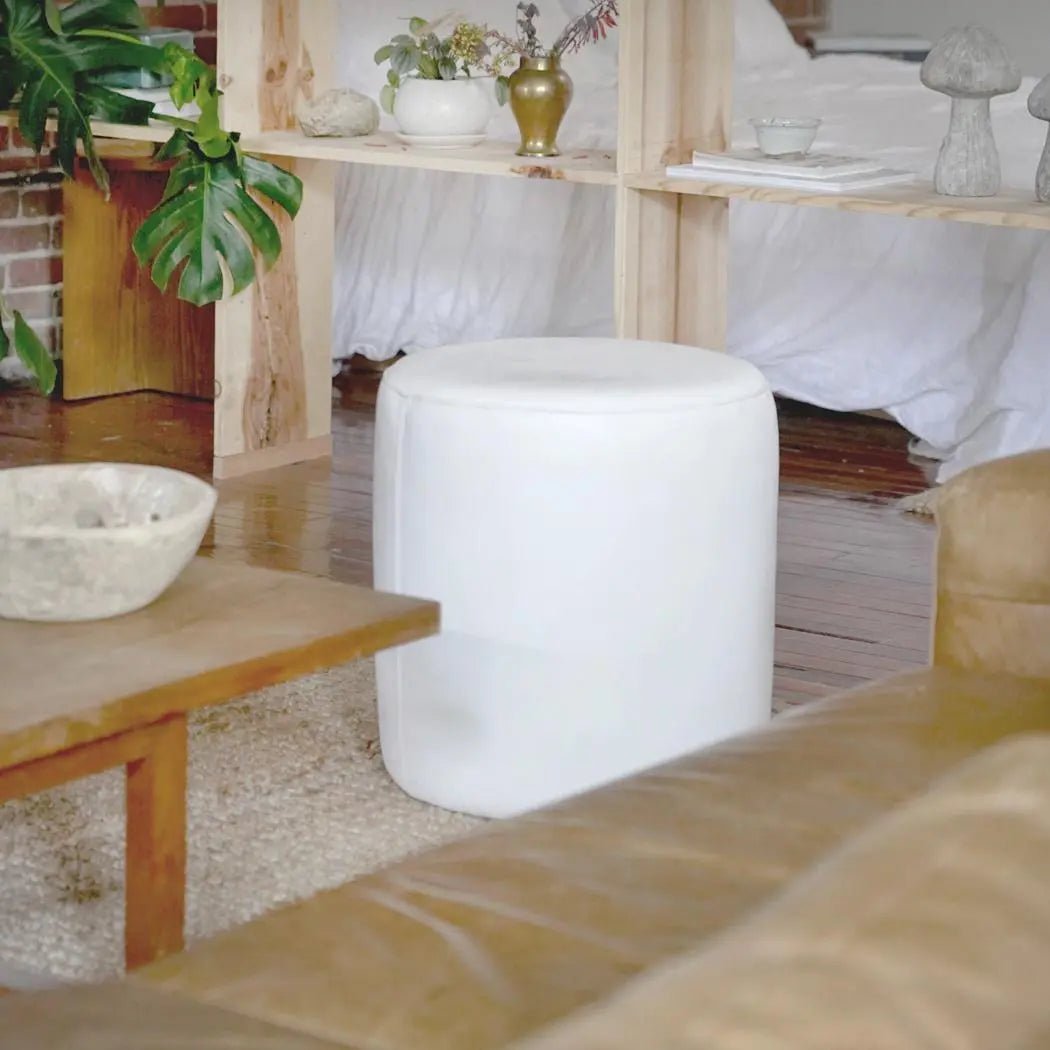 Classic Bone White Leather Round Ottoman/Pouf and Counter Stool - HUNTEDFOX