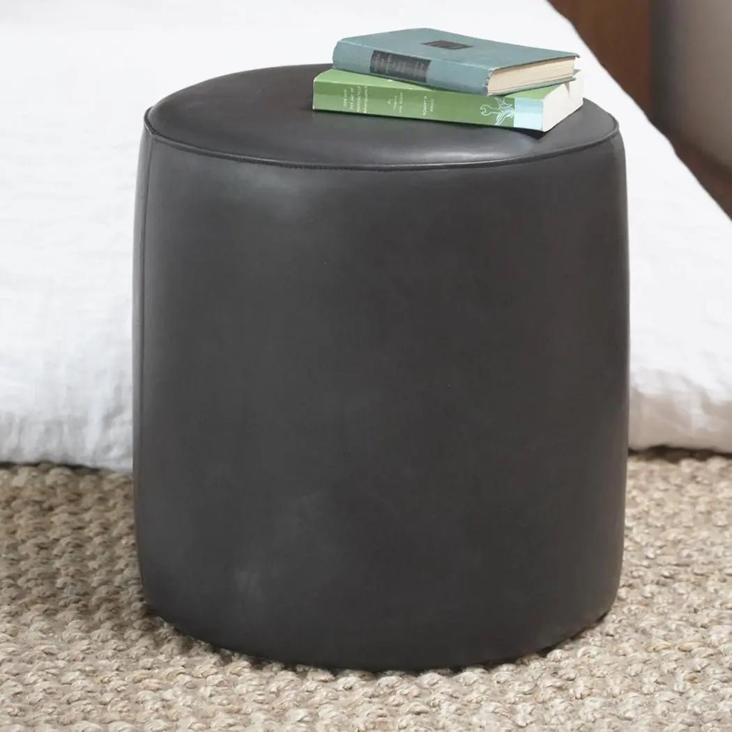 Classic Genuine Leather Round Ottoman or Pouf | Black - HUNTEDFOX