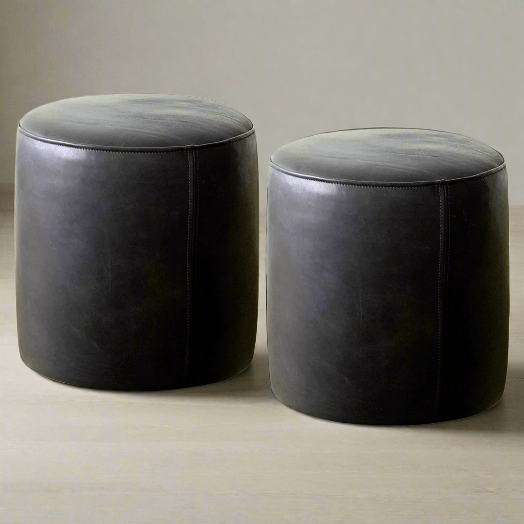 Classic Genuine Leather Round Ottoman or Pouf | Black - BlackH|F AtelierLEATHERHUNTEDFOX - pair of black leather ottomans