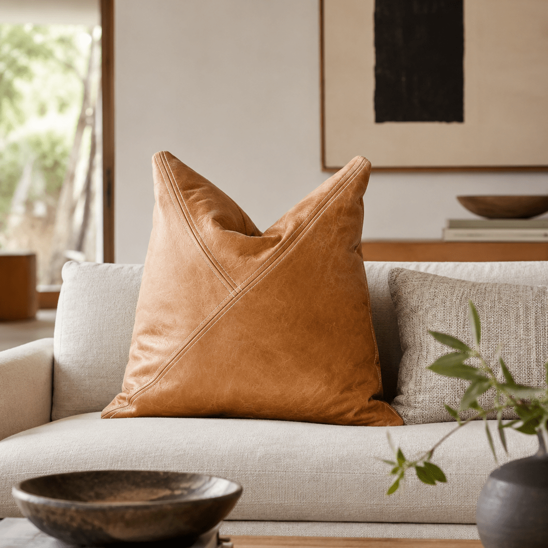 Classic Tan Leather Throw Pillows | Triangle Pattern - LEATHERLeather Pillowneed verificationHUNTEDFOX - Brown leather pillow on a beige sofa with a neutral color scheme